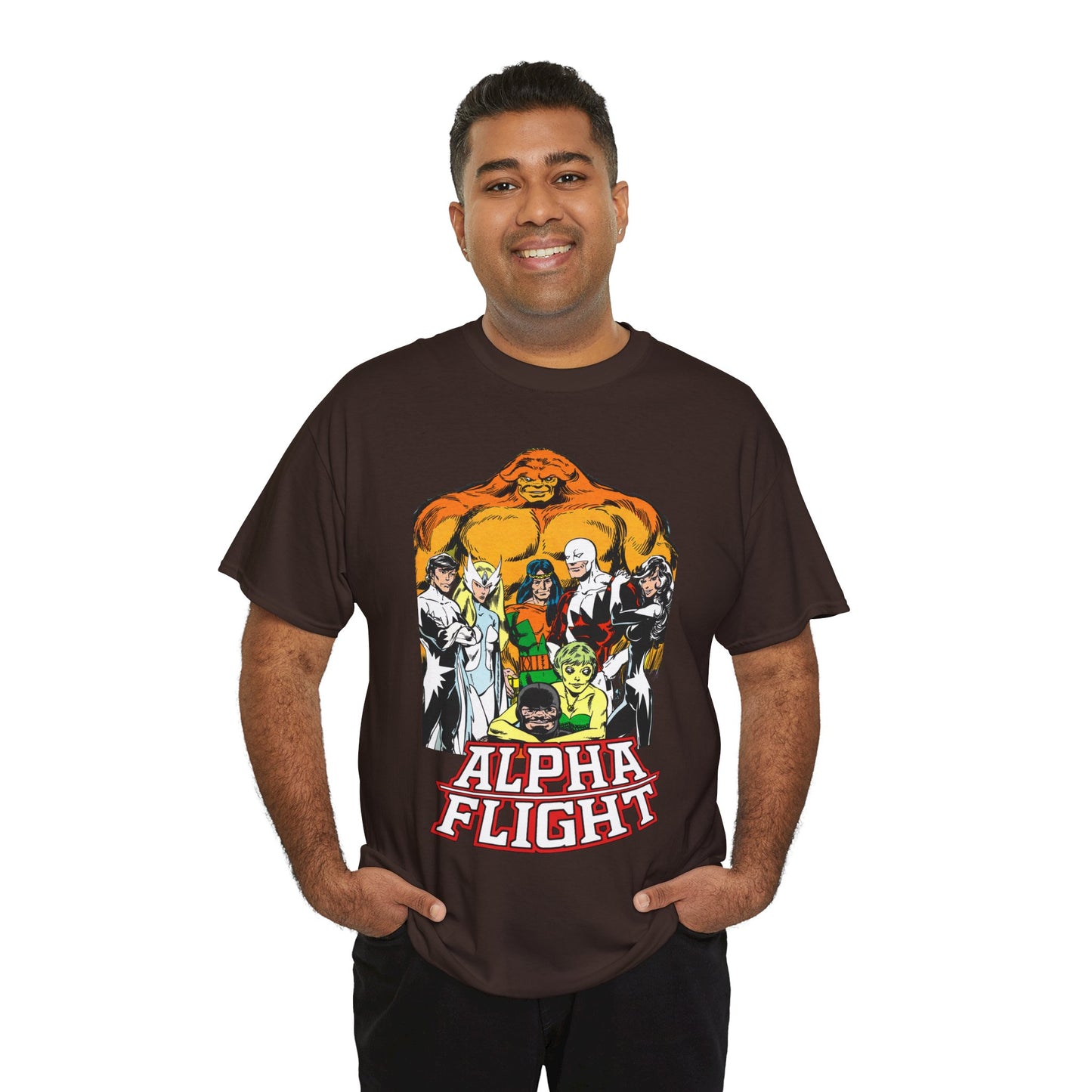 Alpha Flight T-Shirt - John Byrne Art - Northstar, Aurora, Guardian, Puck, Snowbird, Shaman, Sasquatch - Canada's Superhero Team - X-Men Connection - Marvel Comics