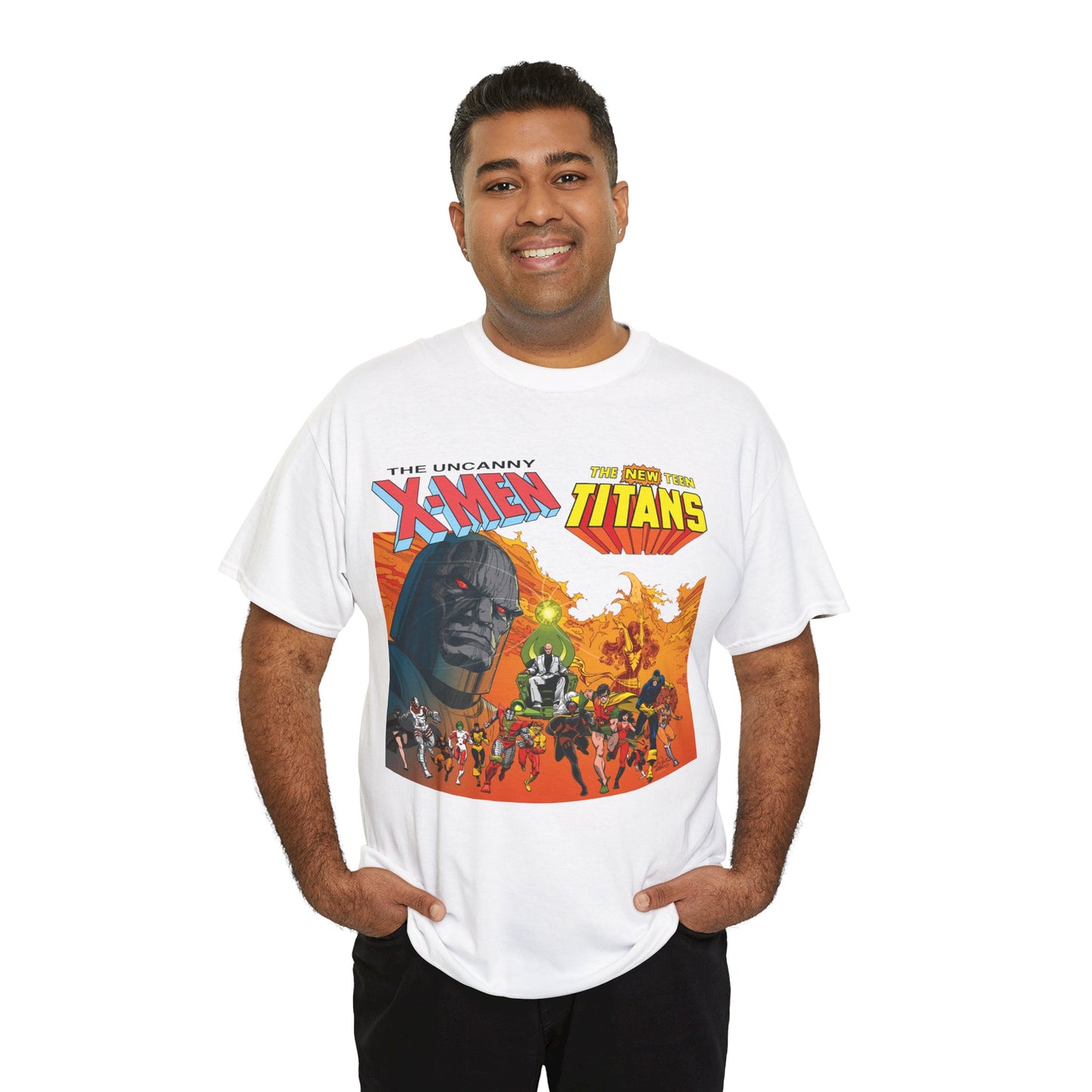 X-Men & New Teen Titans T-Shirt - Walt Simonson Art - Marvel & DC Comics Crossover - Wolverine, Raven, Storm, Cyclops, Robin, Cyborg, Colossus, Dark Phoenix, Darkseid