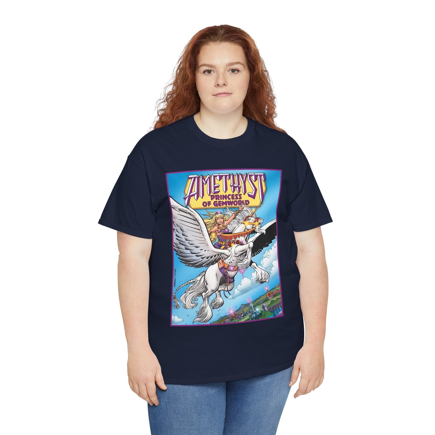 Amethyst Princess of Gemworld T-Shirt - George Perez Art - DC Comics 1980s Series - Riding a Unicorn