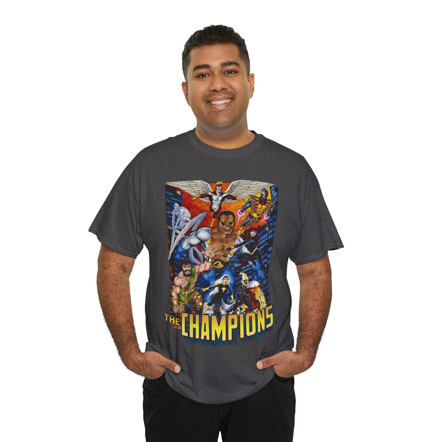 Champions T-Shirt - John Byrne Art - Hercules, Black Widow, Ghost Rider, Black Goliath, Silver Surfer, Jack of Hearts - Marvel Comics 1970s Series