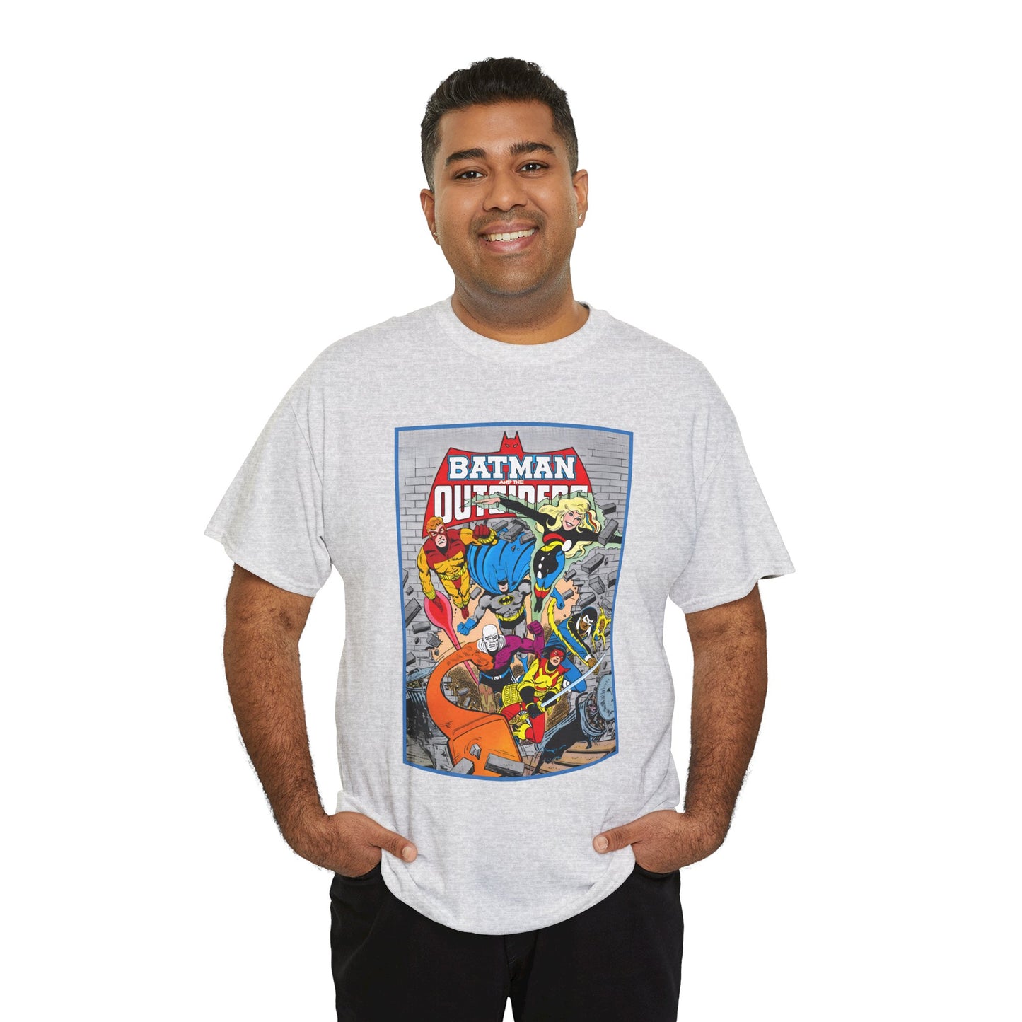 Batman & the Outsiders T-Shirt - Jim Aparo Art - Katana, Geo-Force, Black Lightning, Metamorpho, Halo - DC Comics - 1980s JLA Spin-Off Series