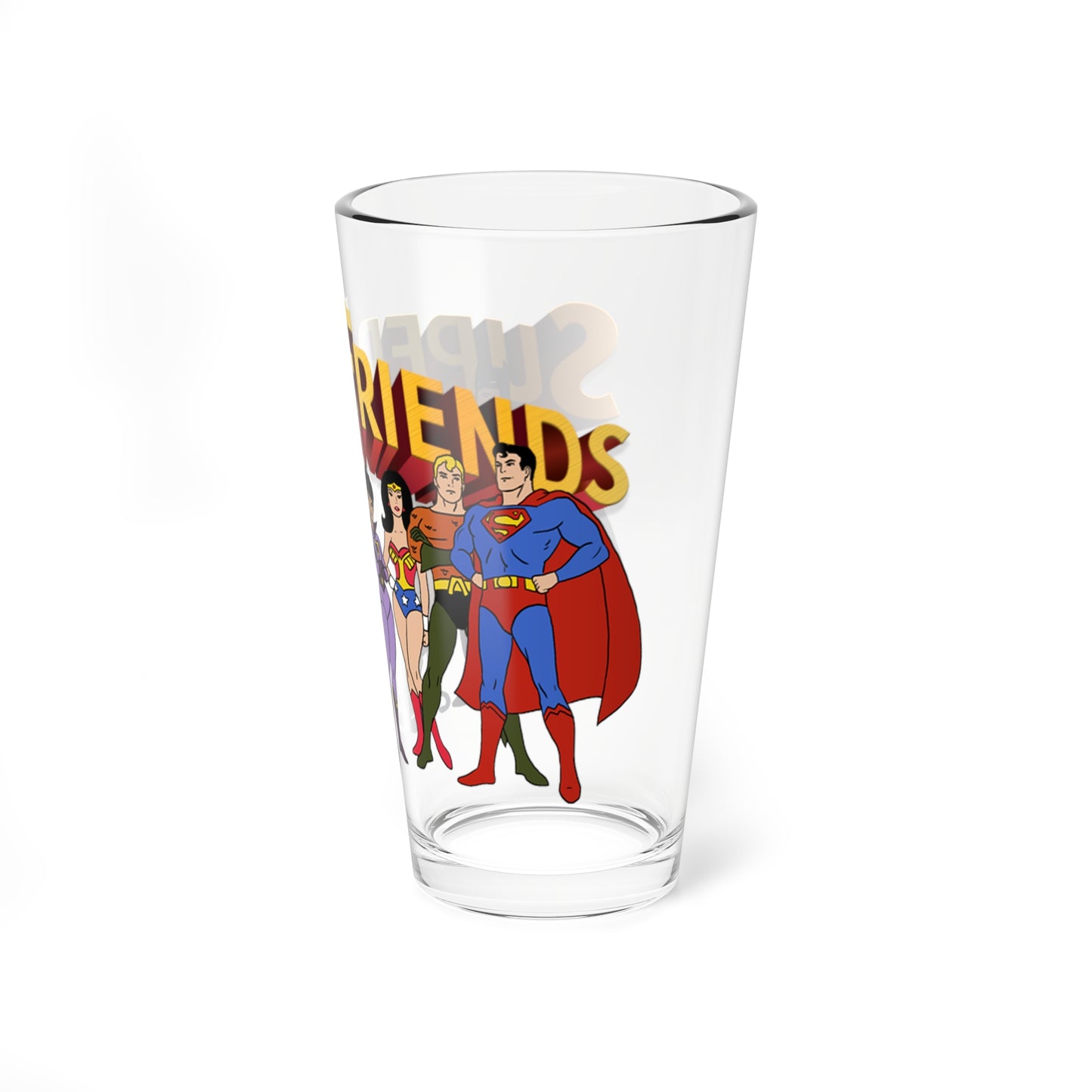 Super Friends Pint Glass, 16oz - Hanna-Barbera Saturday Morning Cartoon - Superman, Batman, Wonder Woman, Aquaman, Robin, Zan, Jayna, Gleek, The Wonder Twins - DC Comics