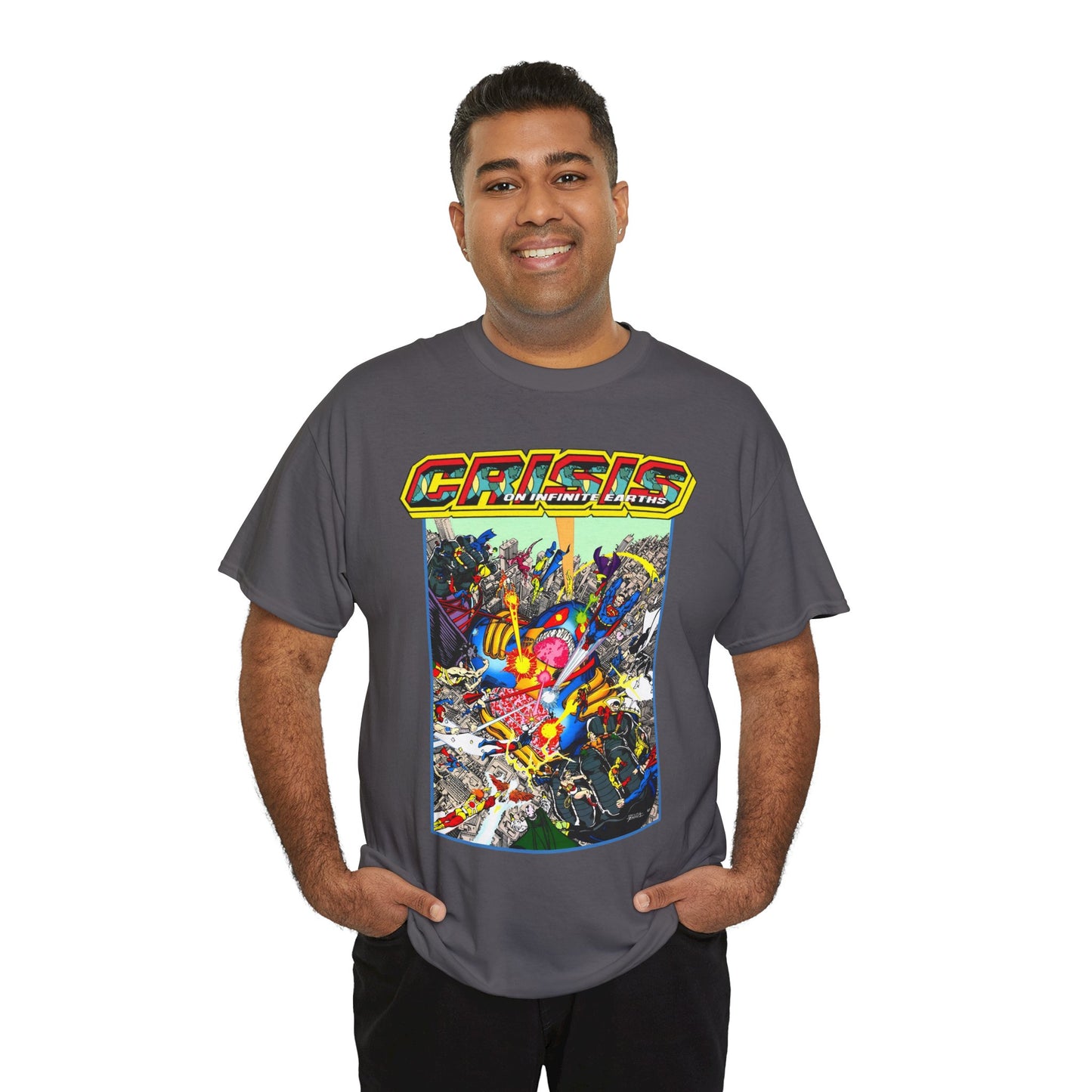 Crisis on Infinite Earths T-Shirt - George Perez Art - Superman, Firestorm, Captain Atom, Wonder Woman, Martian Manhunter Vs The Anti-Monitor - #12 Cover - DC Comics