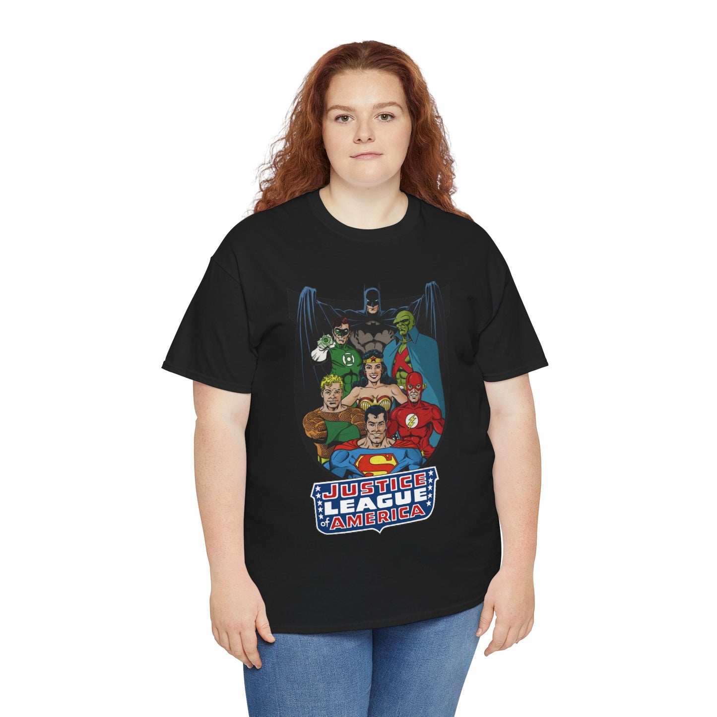 Justice League of America T-Shirt - George Perez Art - Superman, Wonder Woman, Batman, Aquaman, Martian Manhunter, Flash, Green Lantern - DC Comics