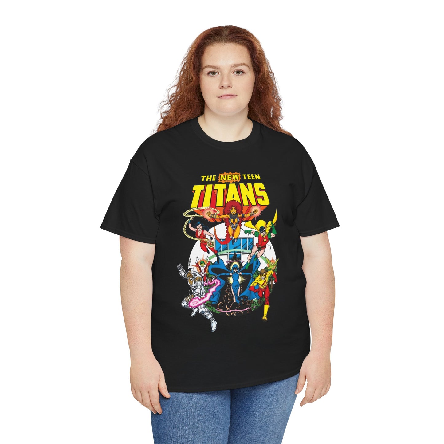 New Teen Titans T-Shirt - Classic George Perez Art - Cyborg, Raven, Starfire, Robin, Wonder Girl, Changeling, Kid Flash - Titans Tower - Popular DC Comics 1980s Series