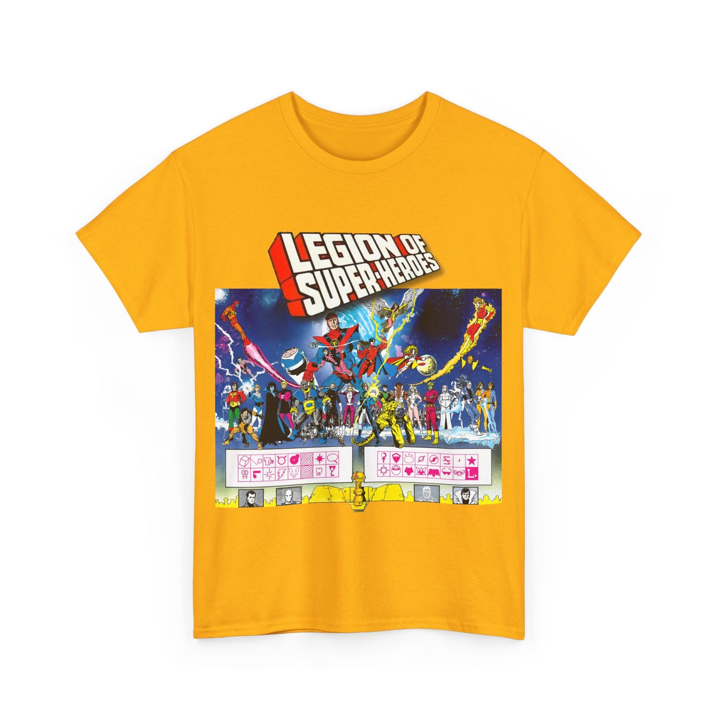 Legion of Super-Heroes T-Shirt - Gorgeous George Perez Art - History of the DC Universe - Lightning Lad, Timber Wolf, Wildfire, Sun Boy, Chamelon Boy - DC Comics