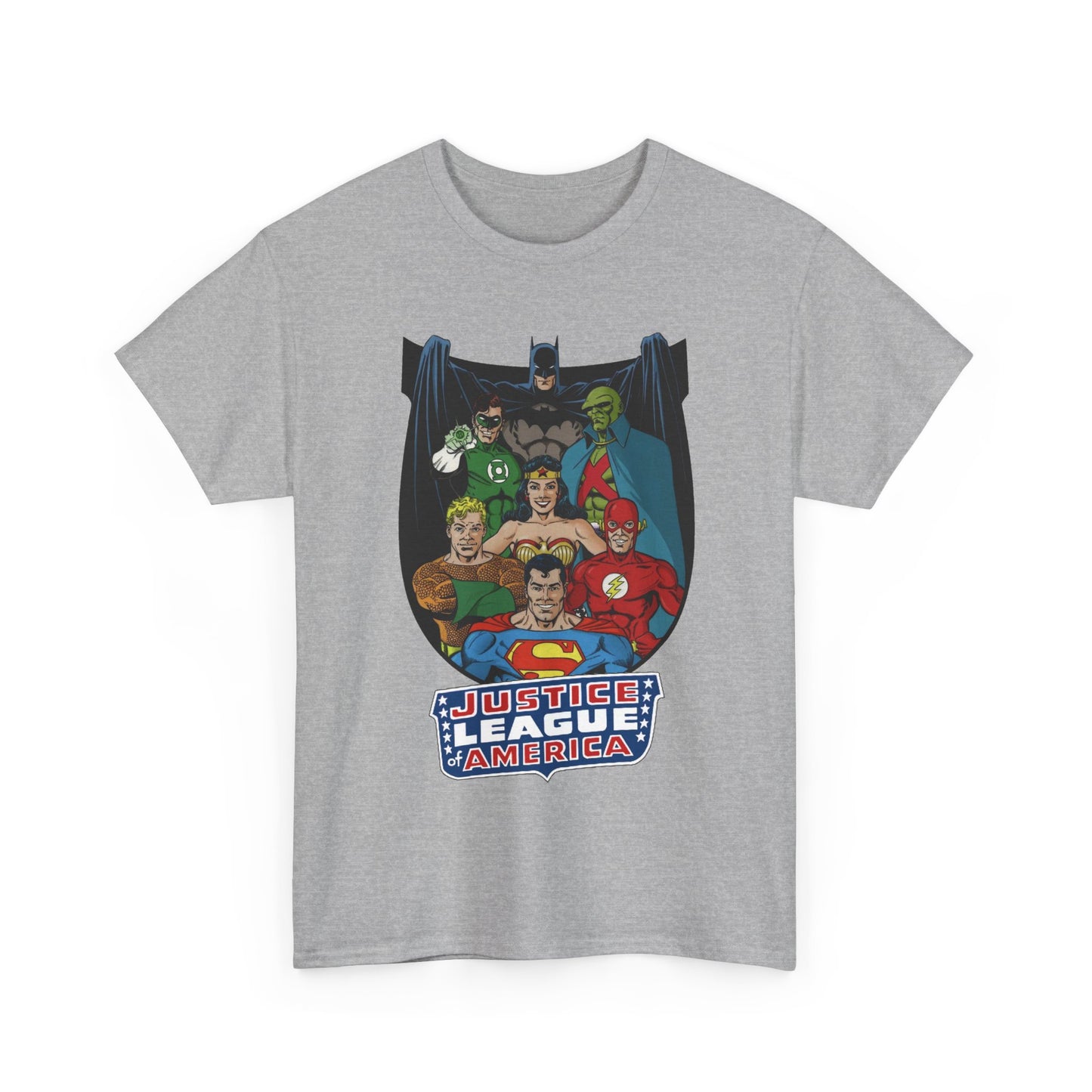 Justice League of America T-Shirt - George Perez Art - Superman, Wonder Woman, Batman, Aquaman, Martian Manhunter, Flash, Green Lantern - DC Comics
