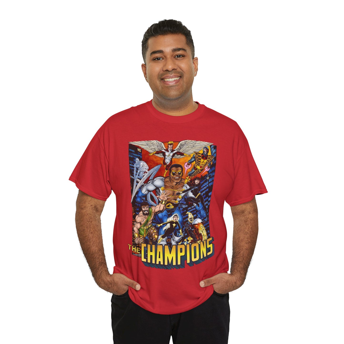 Champions T-Shirt - John Byrne Art - Hercules, Black Widow, Ghost Rider, Black Goliath, Silver Surfer, Jack of Hearts - Marvel Comics 1970s Series