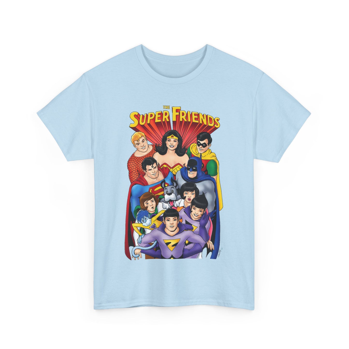 Super Friends T-Shirt - Kevin Maguire Art - Wonder Twins, Gleek, Superman, Wonder Woman Batman - DC Comics - Based on 1970s Hanna-Barbera Cartoon