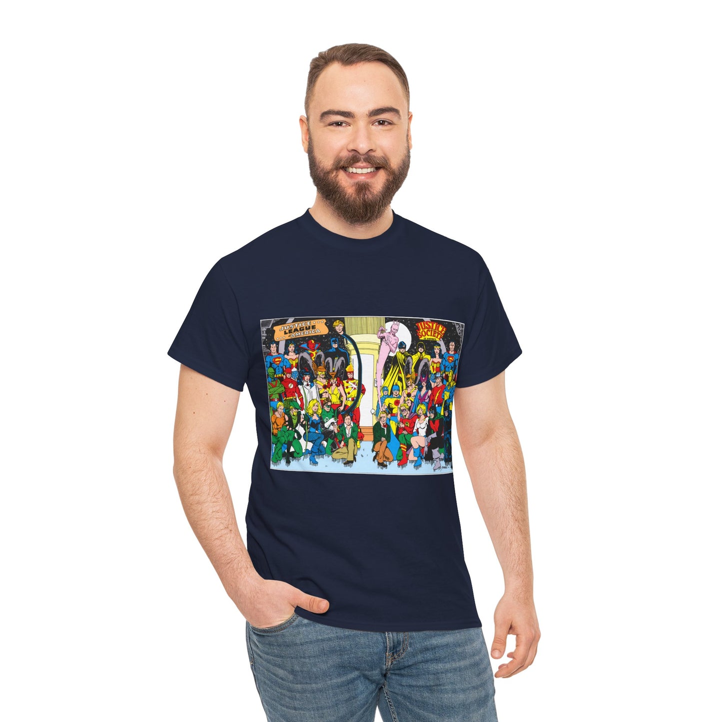 JLA & JSA T-Shirt - George Perez Art - Justice League, Society Team-up - Batman, Wildcat, Dr Fate, Hourman, Firestorm, Superman