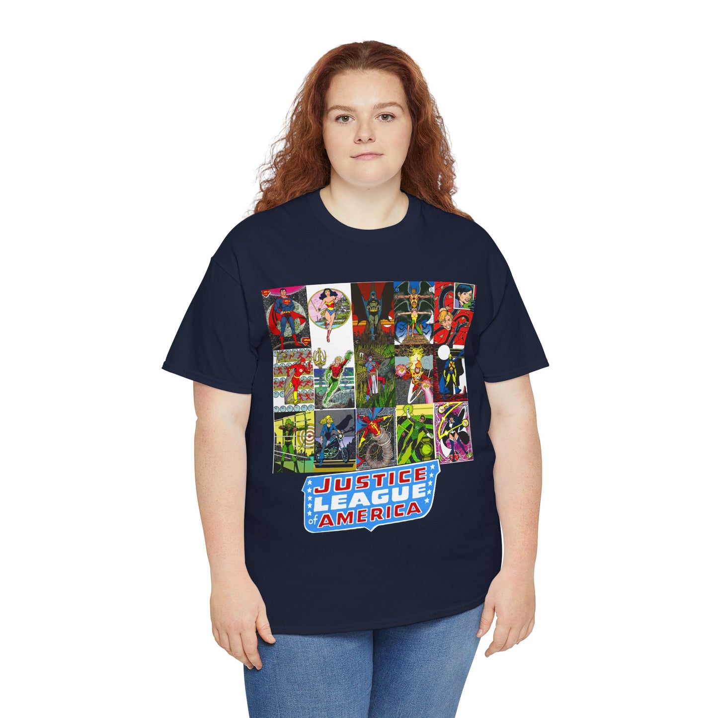 JLA Postcard T-Shirt - George Perez Art - Zatanna, Green Lantern, Flash, Batman, Hawkman, Wonder Woman, Firestorm - Justice League of America - DC Comics