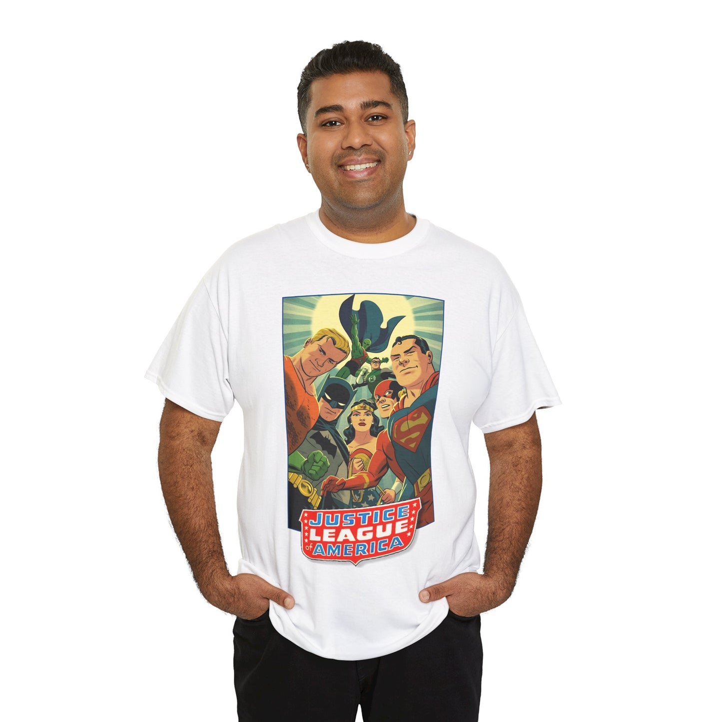 Justice League of America T-Shirt - Michael Cho Art - Superman, Flash, Wonder Woman, Green Lantern, Batman, Martian Manhunter - Silver Age Team - DC Comics