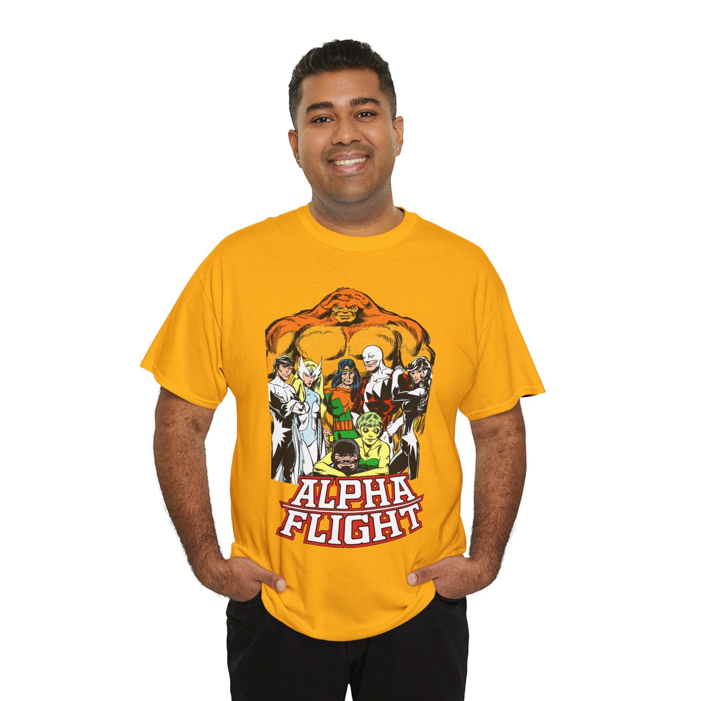 Alpha Flight T-Shirt - John Byrne Art - Northstar, Aurora, Guardian, Puck, Snowbird, Shaman, Sasquatch - Canada's Superhero Team - X-Men Connection - Marvel Comics