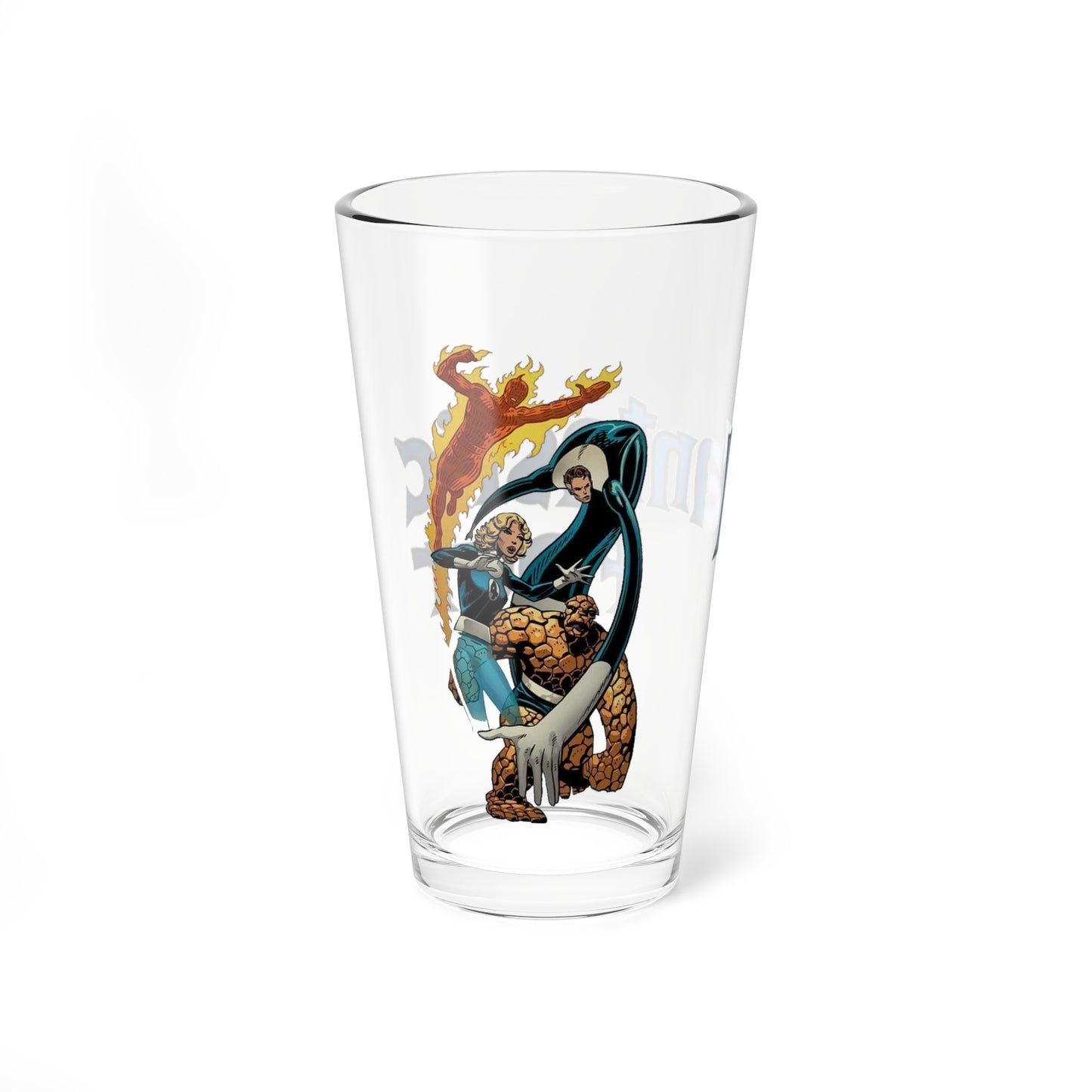 Fantastic Four Pint Glass, 16oz - John Byrne Art - Human Torch, Thing, Invisible Woman, Reed Richards - Marvel Comics