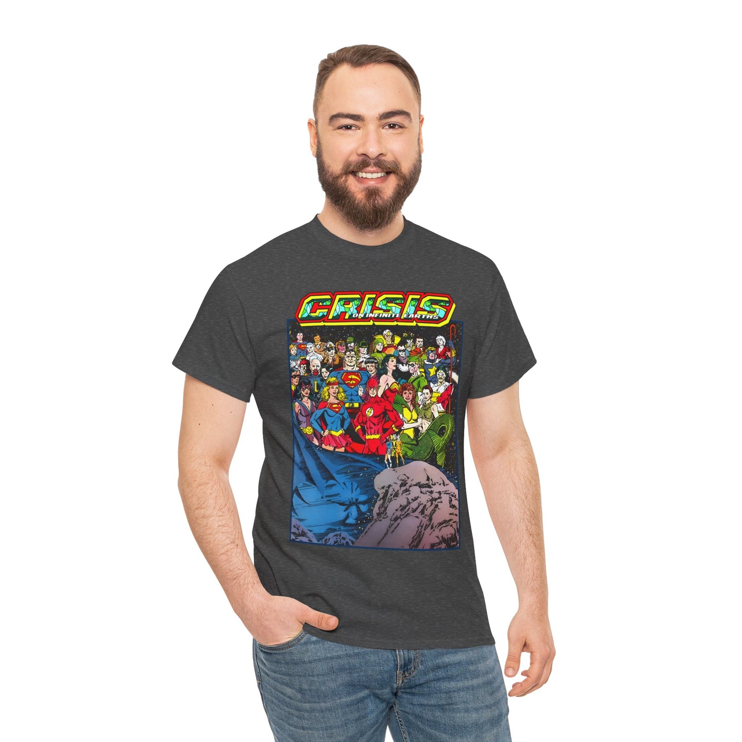 Crisis on Infinite Earths T-Shirt - George Perez Art - Supergirl, Flash, Huntress, Starman, Earth 3 Luthor, Lori Lemaris, Aquagirl, Earth 2 Robin - DC Comics