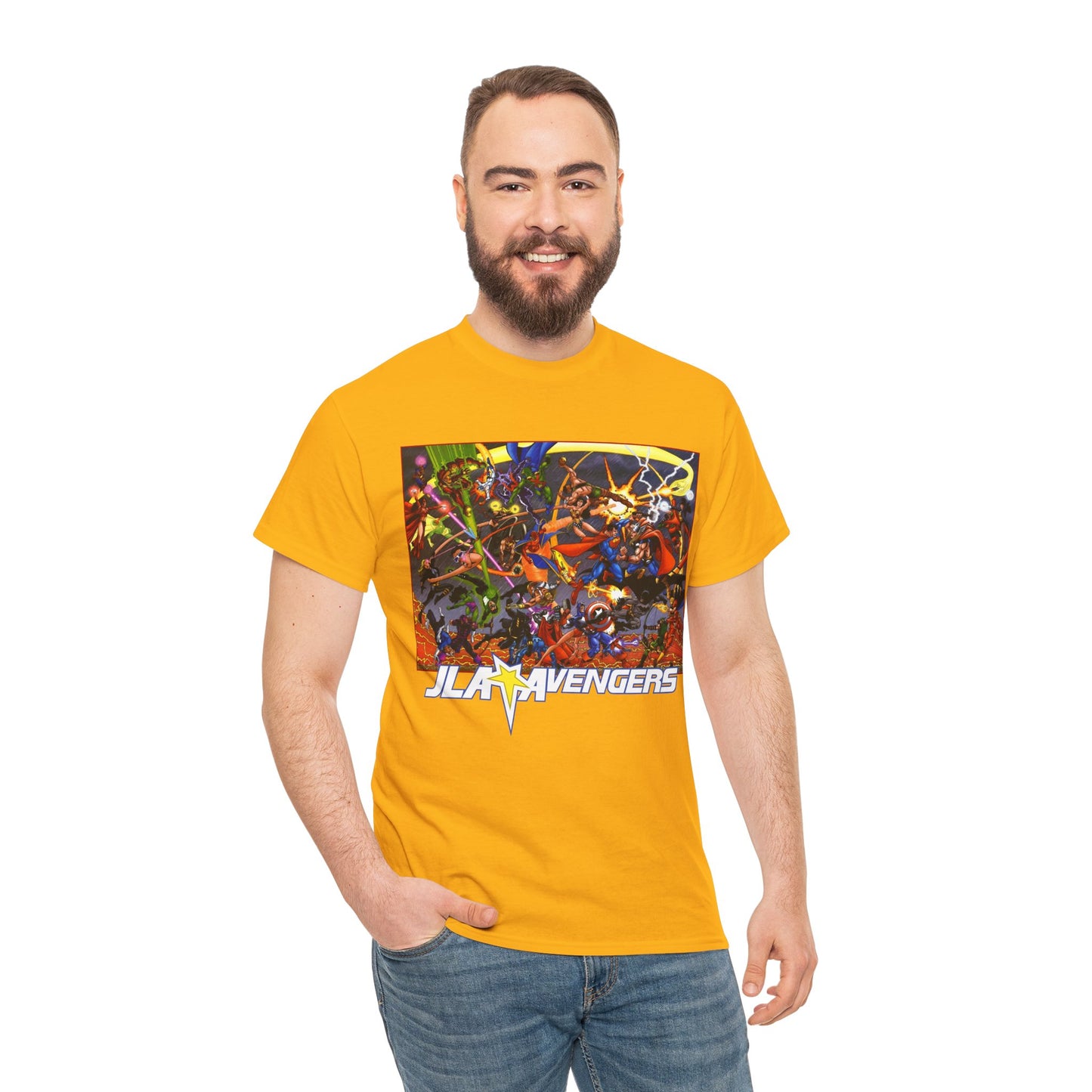 Avengers Vs JLA T-Shirt - Stunning George Perez Art - Marvel & DC Comics Crossover - Thor, Superman, Wonder Woman, Hercules, Iron Man, Batman, Black Canary, Scarlet Witch, Wonder Man, Martian Manhunter