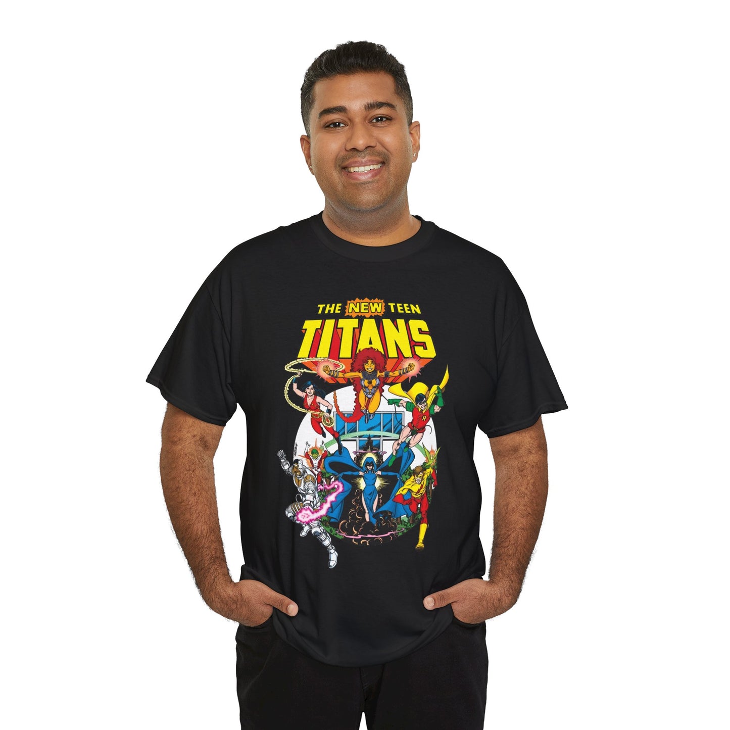 New Teen Titans T-Shirt - Classic George Perez Art - Cyborg, Raven, Starfire, Robin, Wonder Girl, Changeling, Kid Flash - Titans Tower - Popular DC Comics 1980s Series