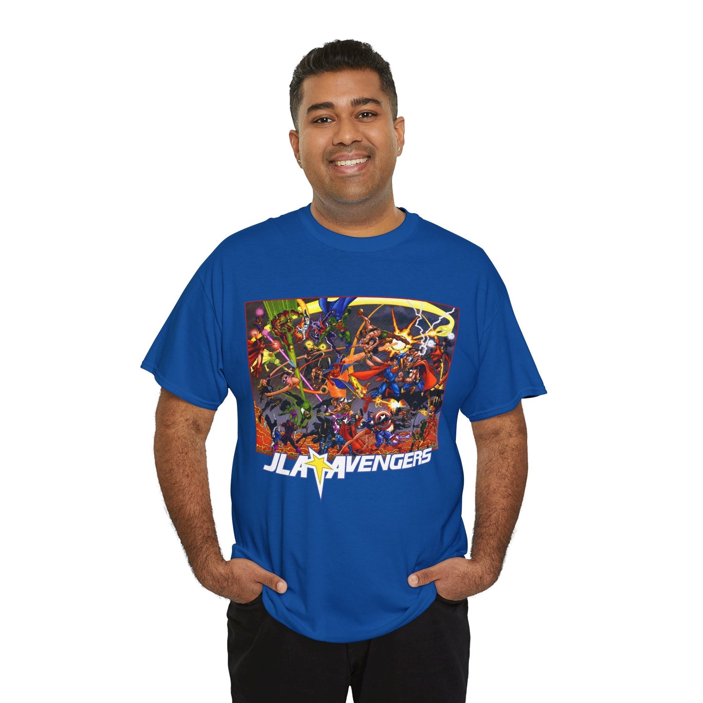 Avengers Vs JLA T-Shirt - Stunning George Perez Art - Marvel & DC Comics Crossover - Thor, Superman, Wonder Woman, Hercules, Iron Man, Batman, Black Canary, Scarlet Witch, Wonder Man, Martian Manhunter