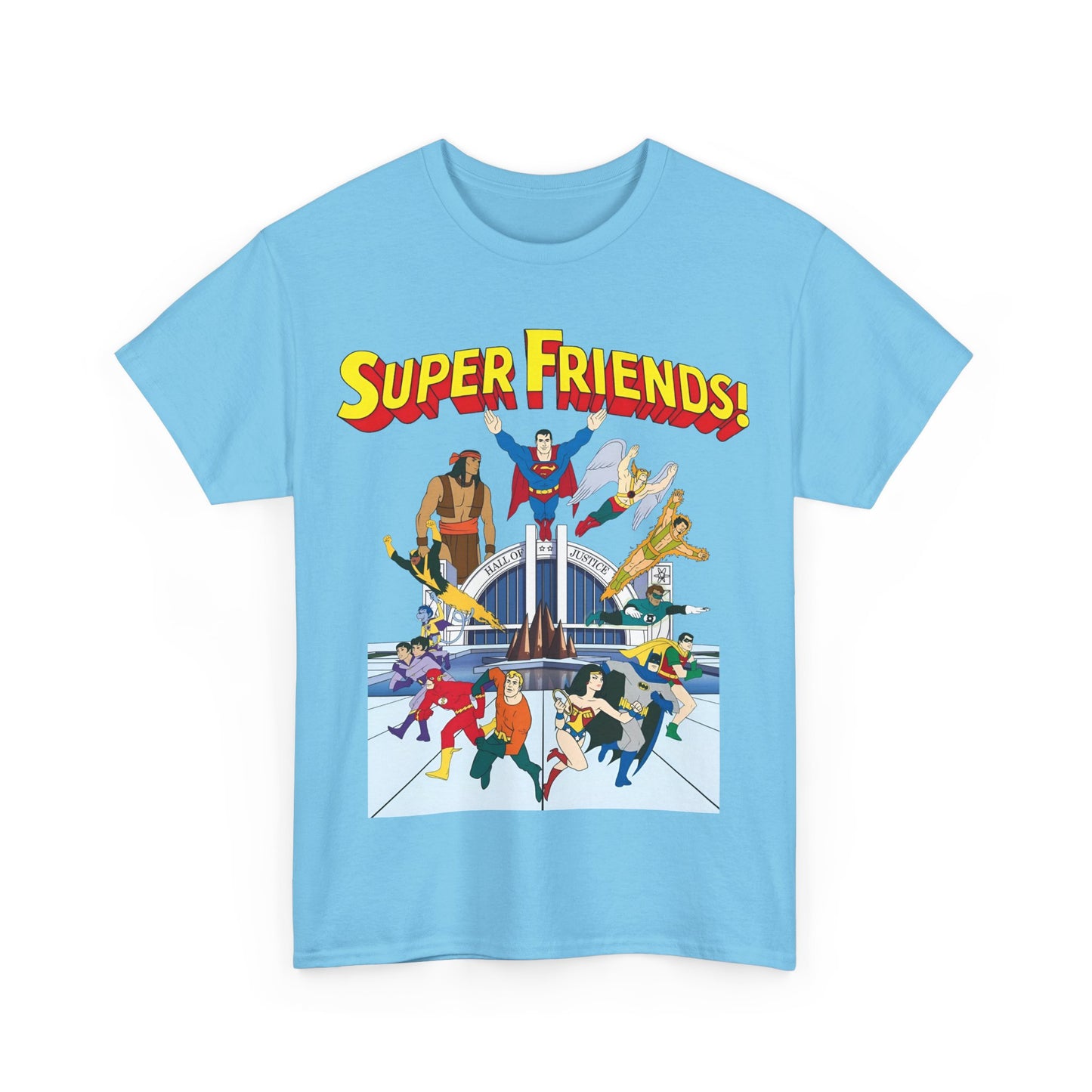 Super Friends T-Shirt - DC Hanna-Barbera - Superman, Wonder Woman, Black Vulcan, Batman, The Wonder Twins, Apache Chief, Hall of Justice