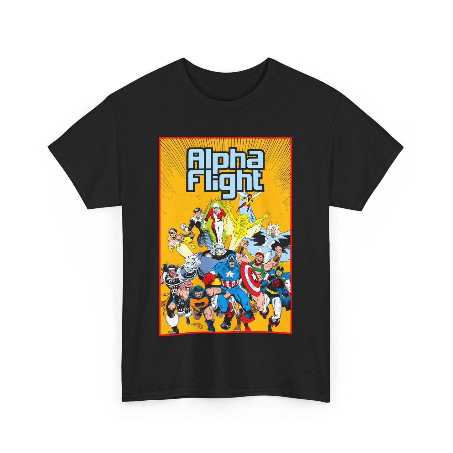 Alpha Flight T-Shirt - Mike Mignola Art - Northstar, Aurora, Snowbird, Shaman, Puck - Avengers: Captain America, Captain Marvel, Hercules, Black Knight - Marvel Comics