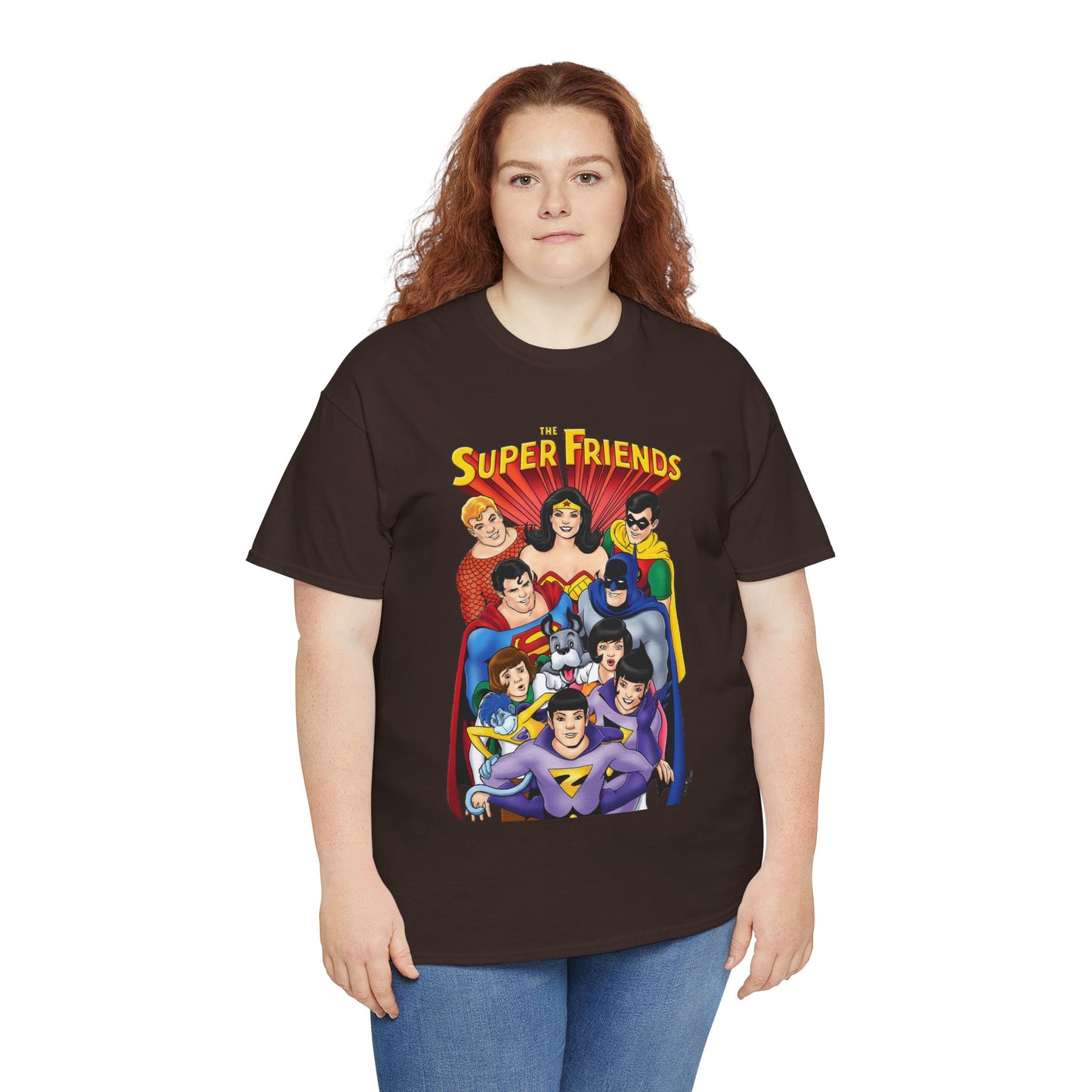 Super Friends T-Shirt - Kevin Maguire Art - Wonder Twins, Gleek, Superman, Wonder Woman Batman - DC Comics - Based on 1970s Hanna-Barbera Cartoon