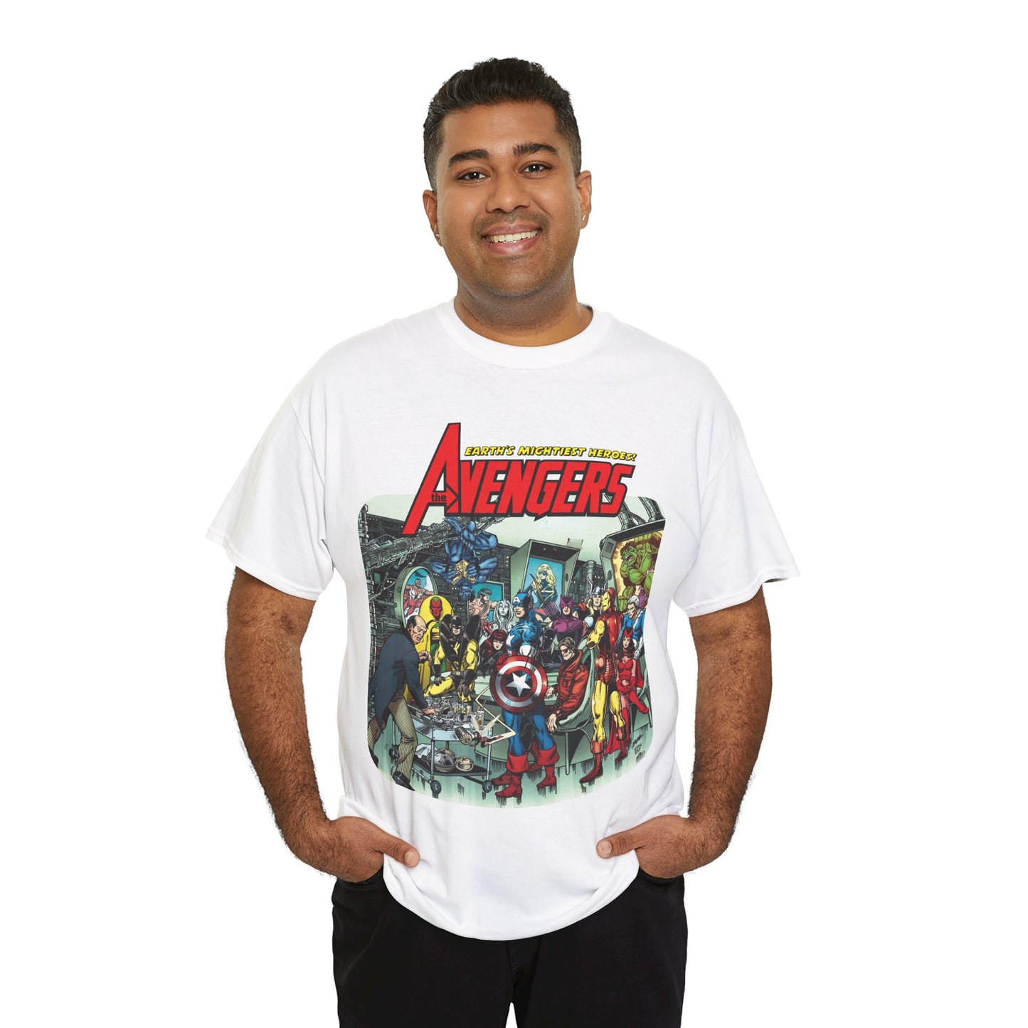 Classic Avengers T-Shirt - George Perez Art - Captain America, Hawkeye, Iron Man, Vision, Scarlet Witch, Quicksilver, Jarvis - Marvel Comics