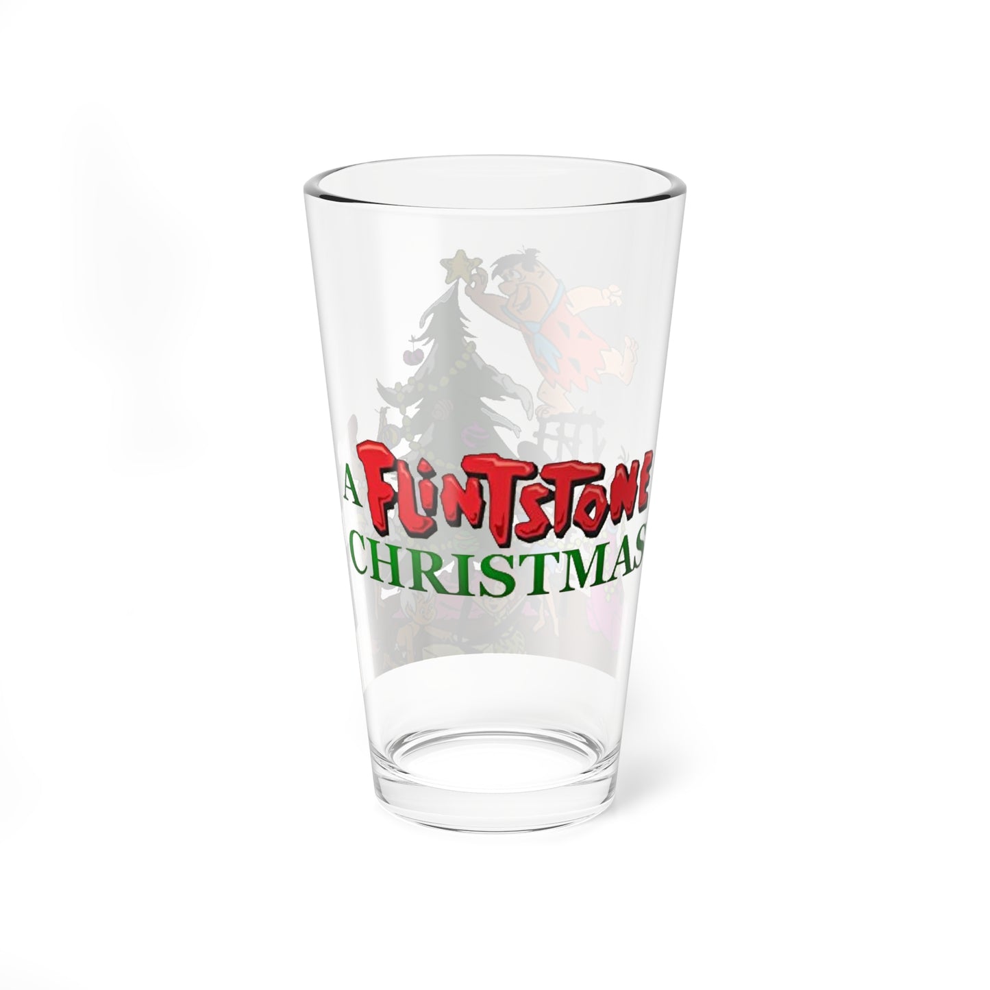 A Flintstones Christmas Pint Glass, 16oz - Fred, Wilma, Pebbles Flintstone & Barney, Betty, Bamm Bamm Rubble & Dino - Hanna-Barbera Holiday Cartoon