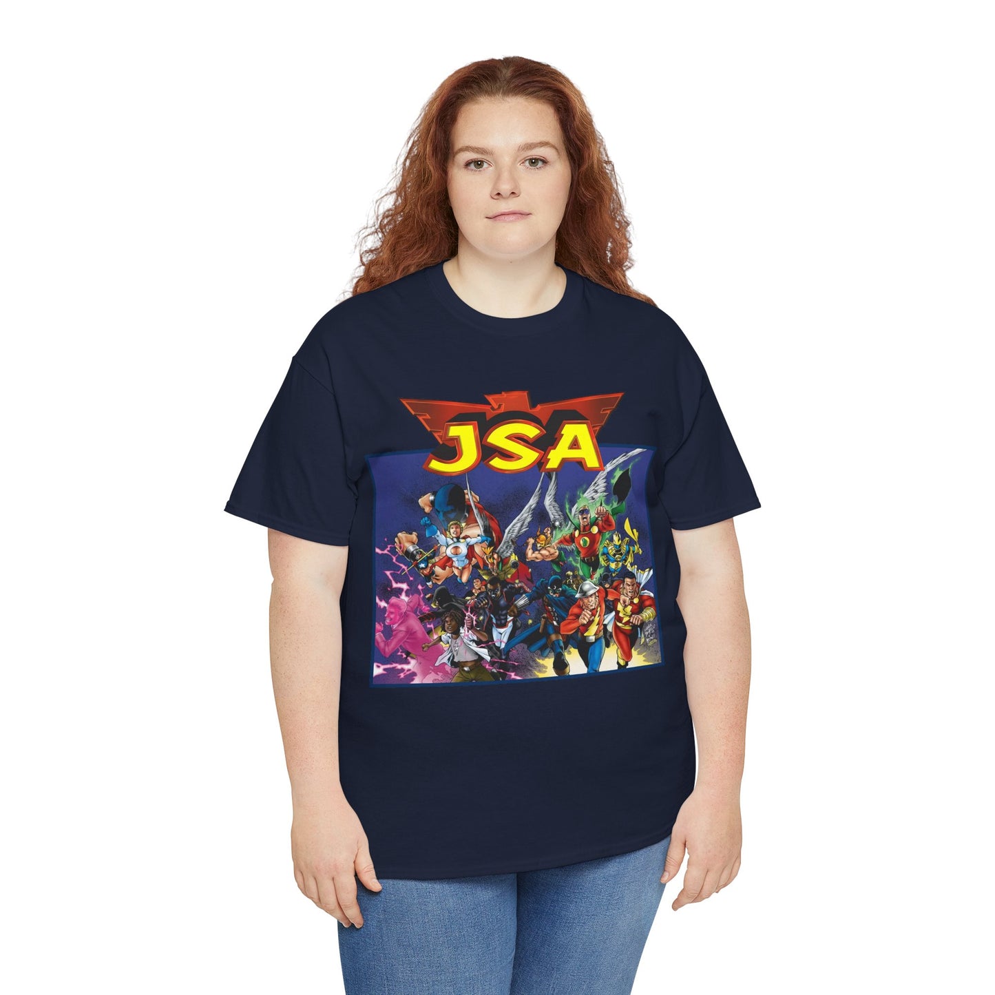 JSA T-Shirt - Carlos Pacheco Art - Green Lantern, Power Girl, Hawkgirl, Black Adam, Flash, Dr Fate, Hawkman - DC Comics - Justice Society of America