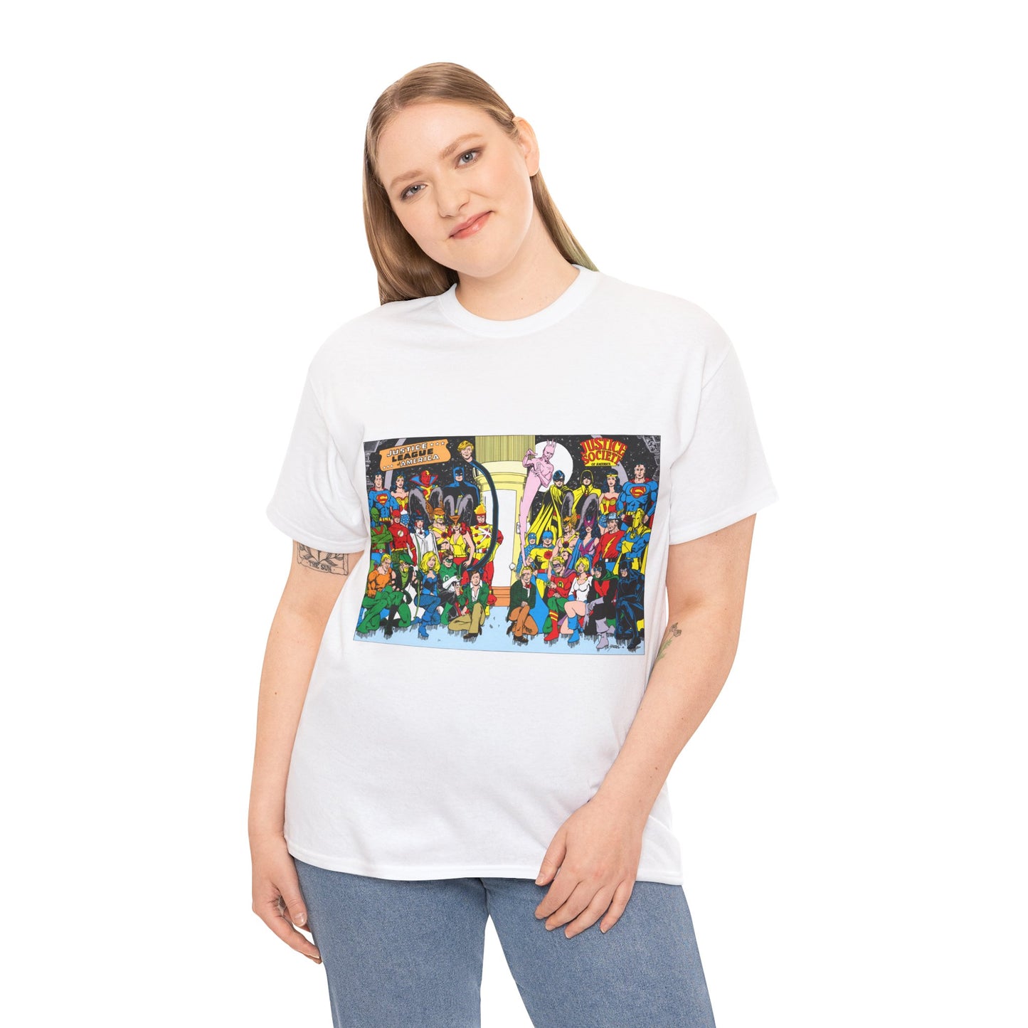 JLA & JSA T-Shirt - George Perez Art - Justice League, Society Team-up - Batman, Wildcat, Dr Fate, Hourman, Firestorm, Superman