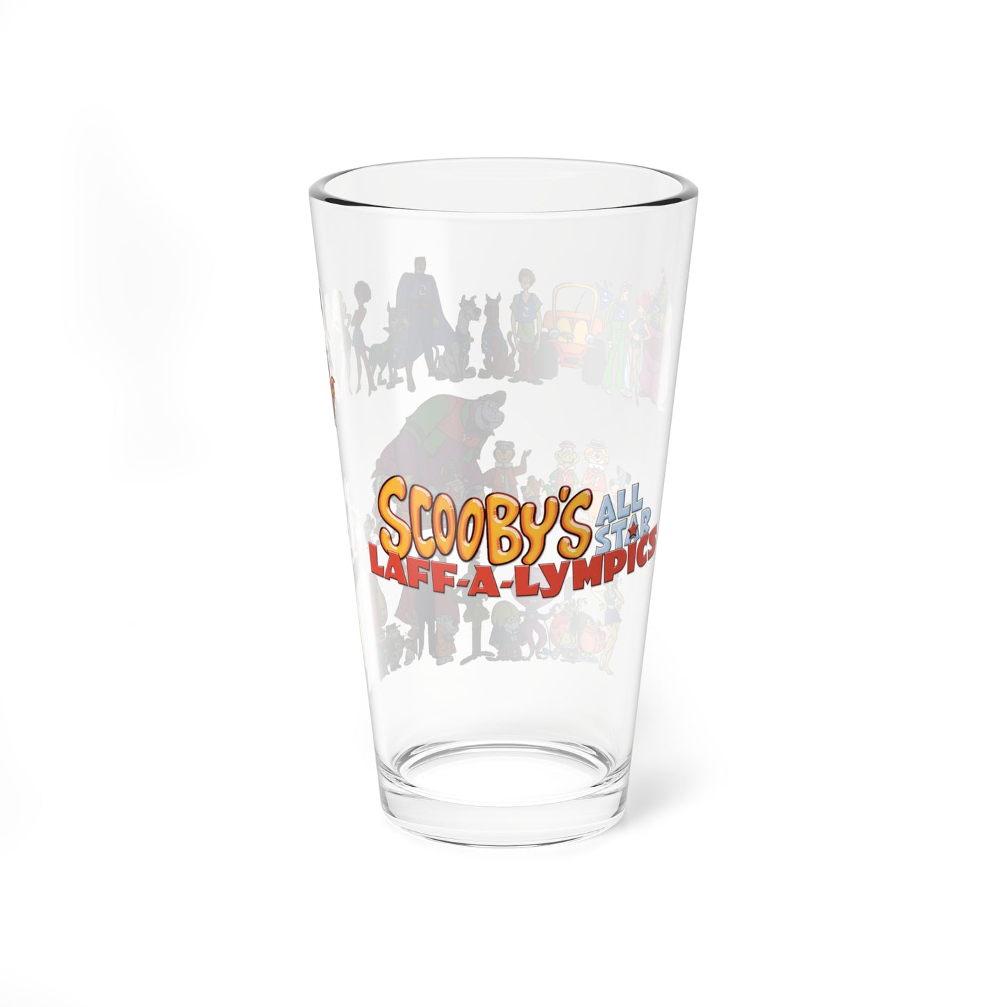 Scooby's All-Star Laff-A-Lympics Pint Glass, 16oz - 1970s Hanna-Barbera Cartoon - Speed Buggy, Yogi Bear, Grape Ape, Wally Gator, Huckleberry Hound, Captain Caveman
