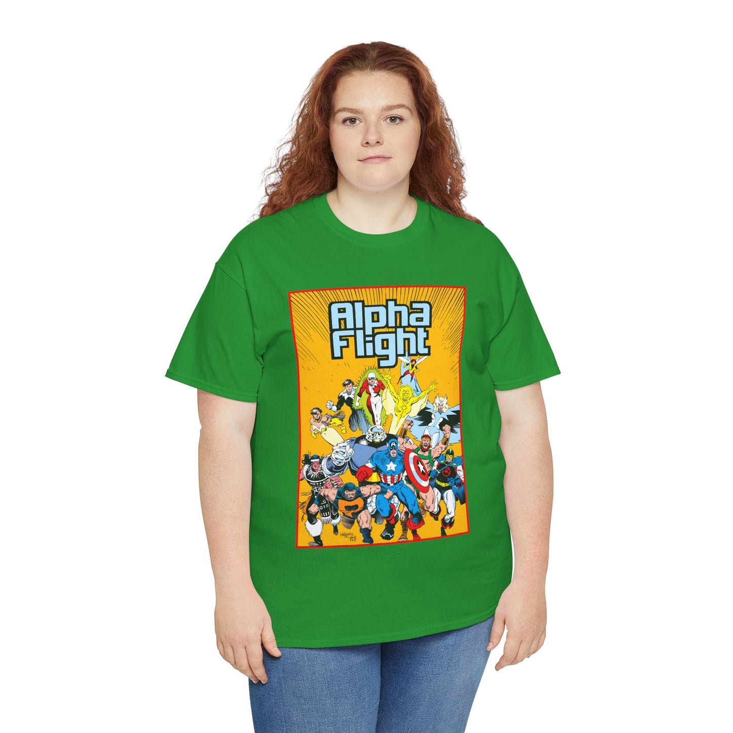 Alpha Flight T-Shirt - Mike Mignola Art - Northstar, Aurora, Snowbird, Shaman, Puck - Avengers: Captain America, Captain Marvel, Hercules, Black Knight - Marvel Comics