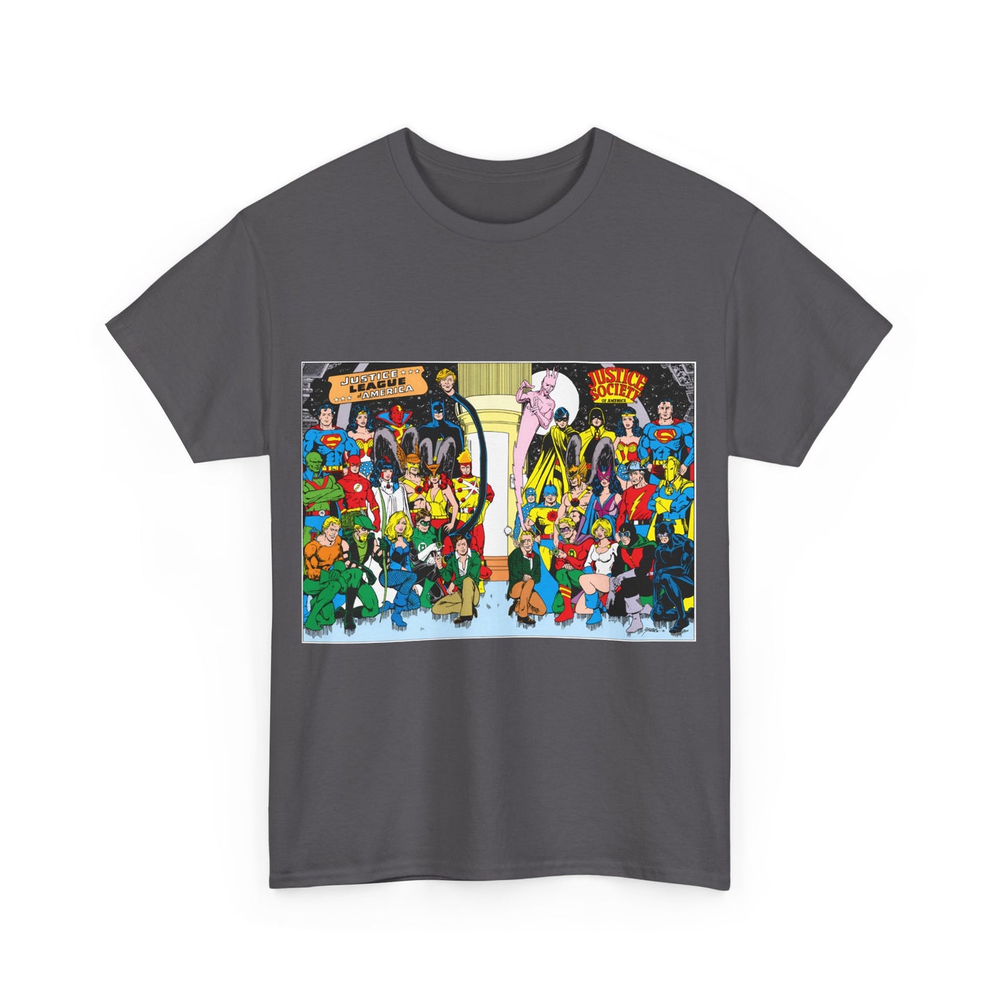 JLA & JSA T-Shirt - George Perez Art - Justice League, Society Team-up - Batman, Wildcat, Dr Fate, Hourman, Firestorm, Superman