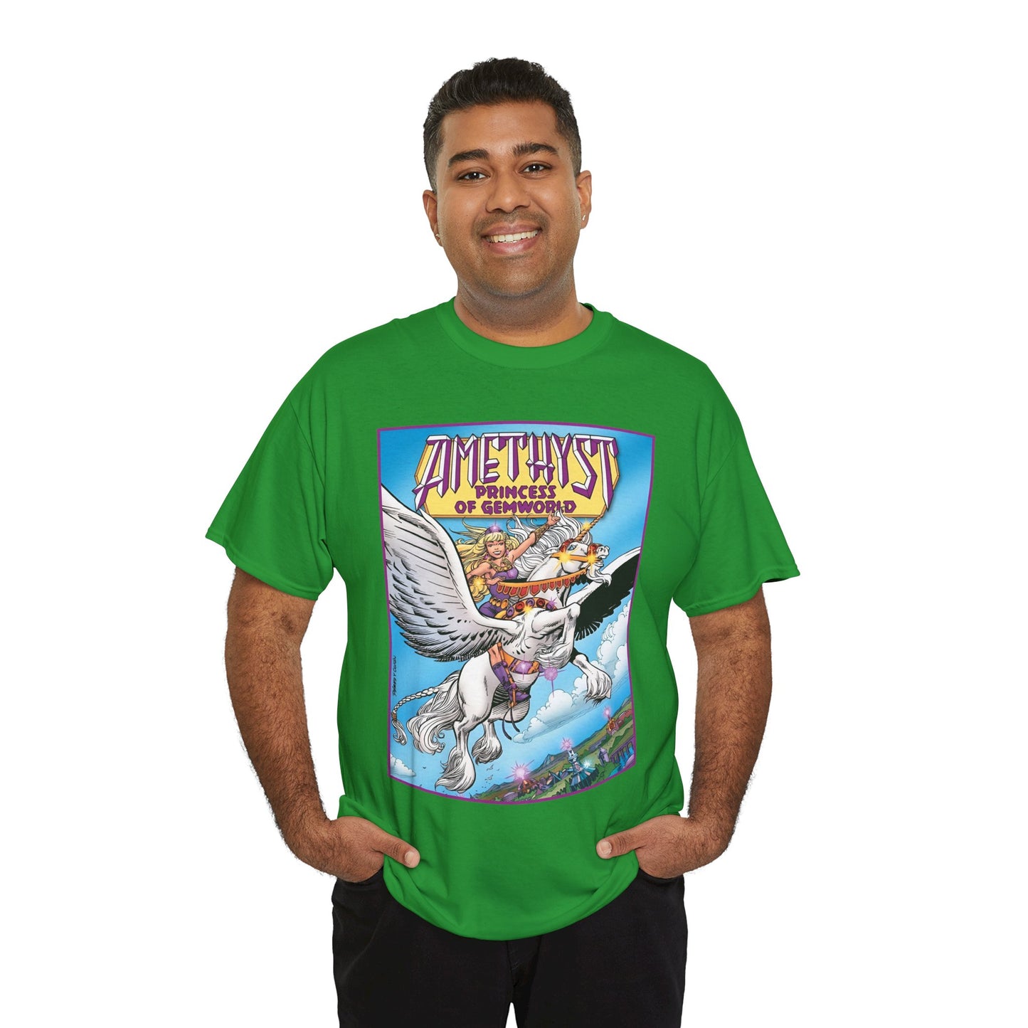 Amethyst Princess of Gemworld T-Shirt - George Perez Art - DC Comics 1980s Series - Riding a Unicorn