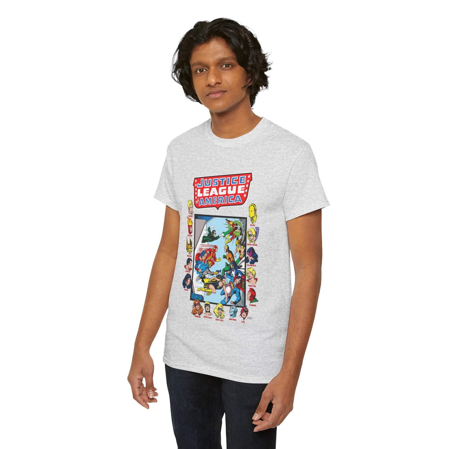 JLA & JSA T-Shirt - George Perez Art - All-Star Squadron - Firestorm, Huntress, Starman, Zatanna, Liberty Belle, Superman, Robotman, Firebrand, Dr Fate - DC Comics