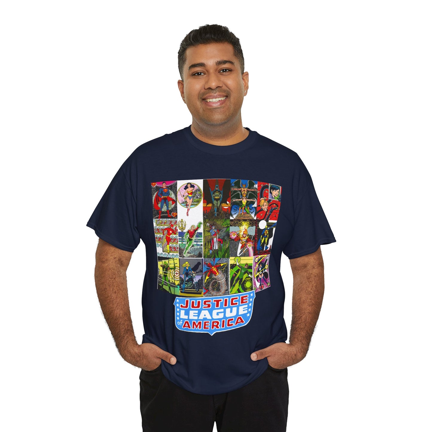 JLA Postcard T-Shirt - George Perez Art - Zatanna, Green Lantern, Flash, Batman, Hawkman, Wonder Woman, Firestorm - Justice League of America - DC Comics
