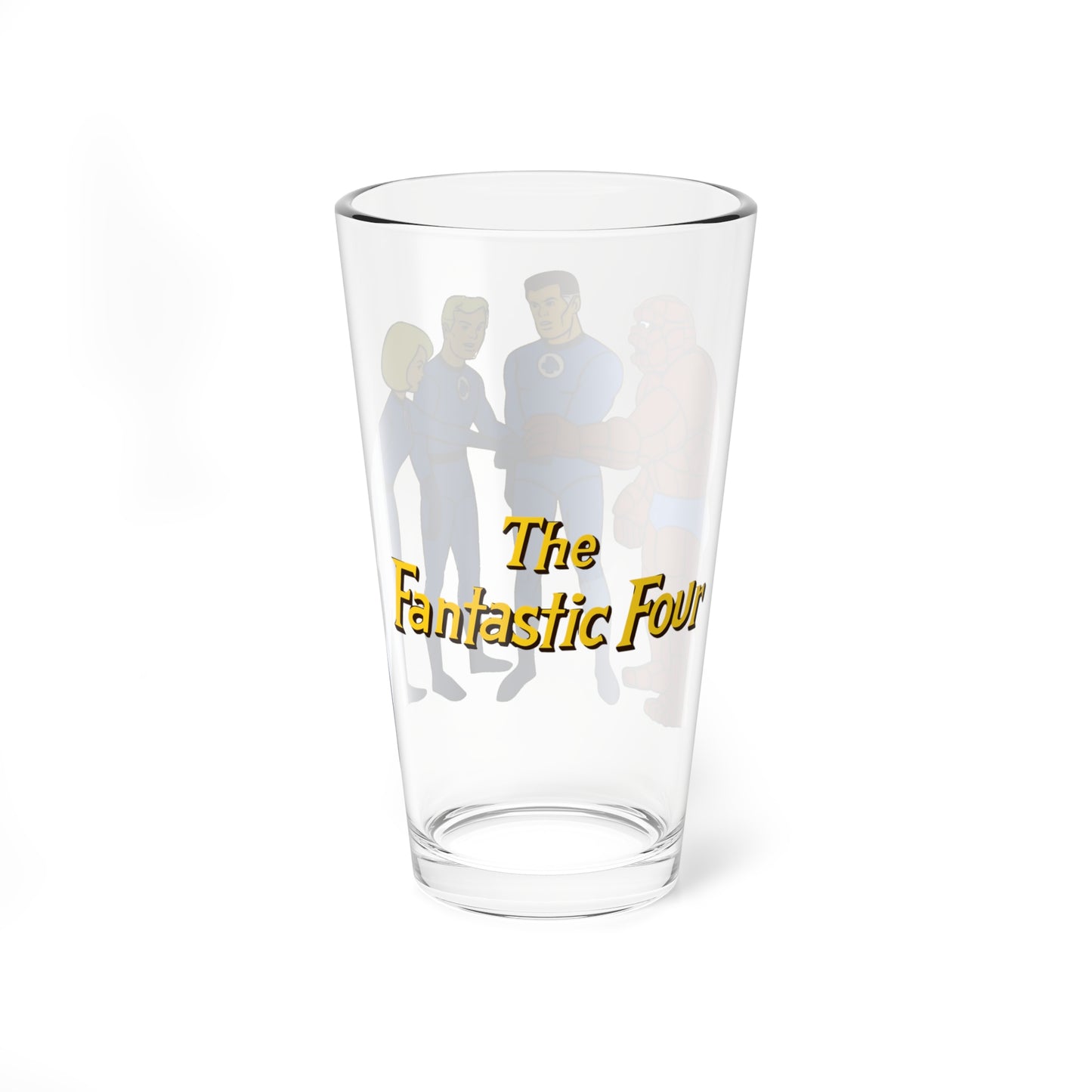 Fantastic Four Pint Glass, 16oz - Hanna-Barbera 1960s Cartoon - Marvel Comics TV Series - Human Torch, The Thing, Invisible Woman, Reed Richards