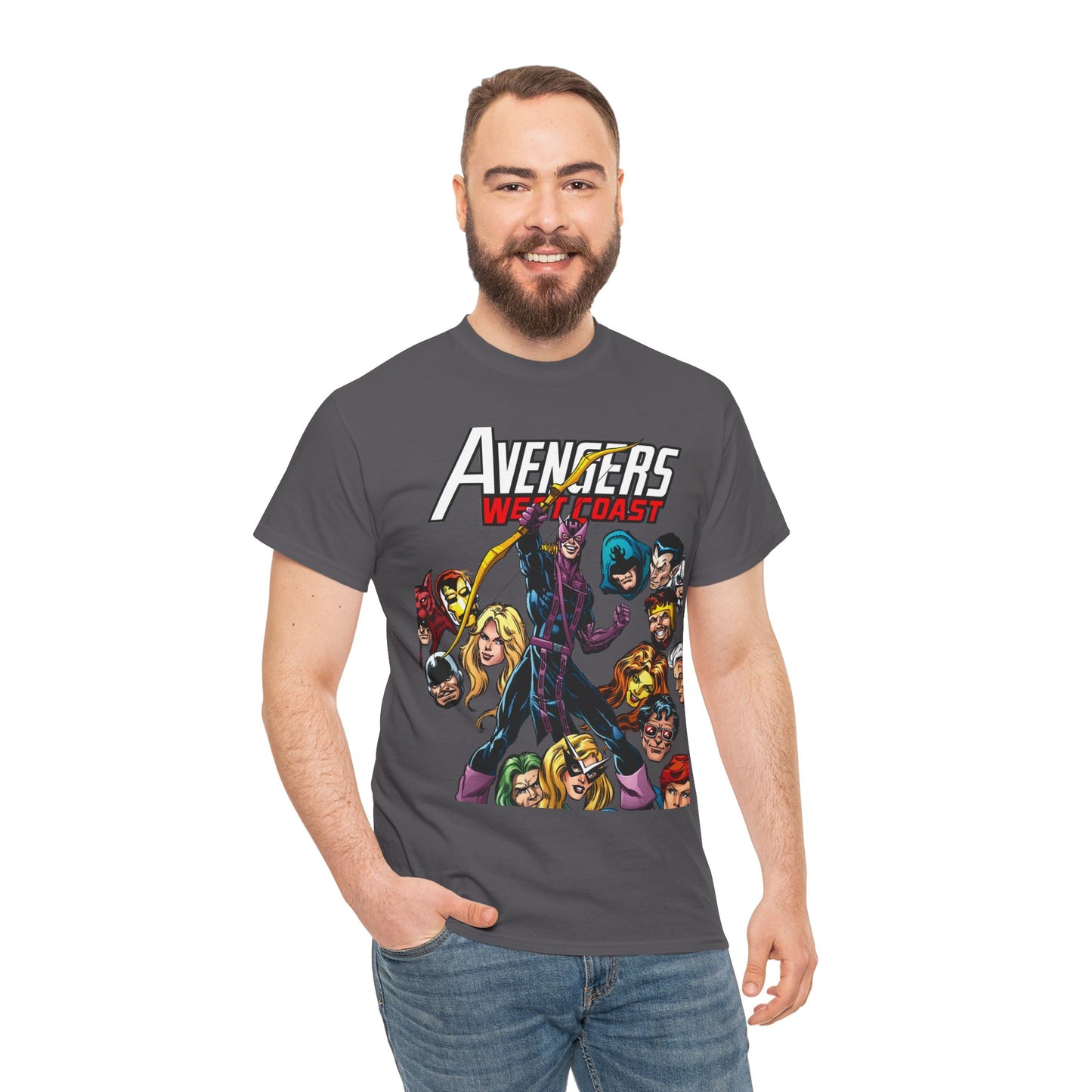 Avengers West Coast T-Shirt - Bob Hall Art - Hawkeye, Iron Man, Wonder Man, Tigra, Mockingbird - Marvel Comics Team