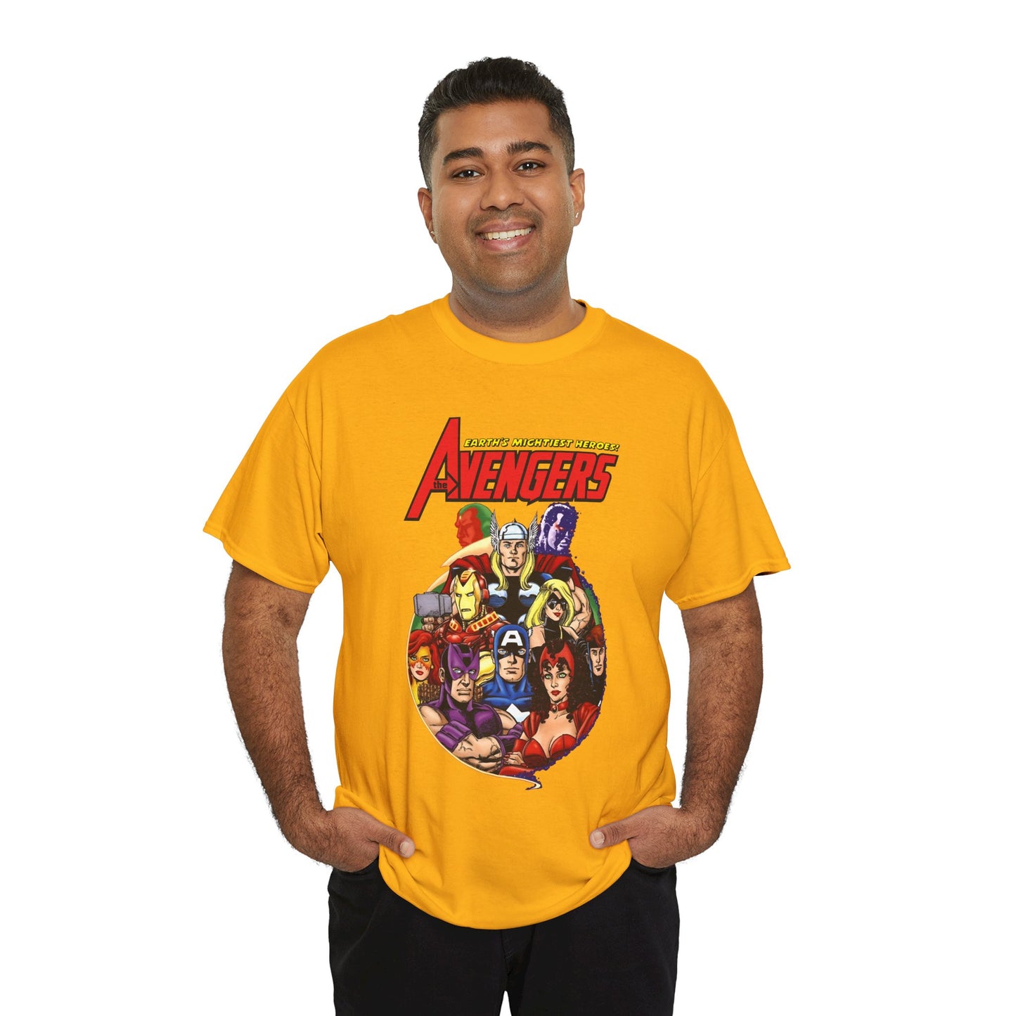 Avengers T-Shirt - George Perez Art - Captain America, Vision, Wonder Man, Iron Man, Thor, Hawkeye, Scarlet Witch - Popular Marvel Comics Characters