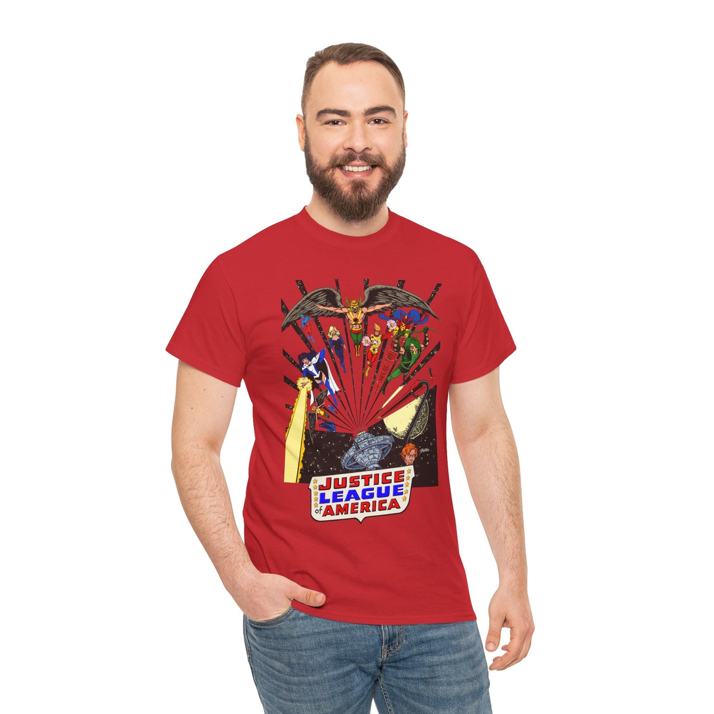 Justice League of America T-Shirt - George Perez Art - Bronze Age Satellite Era - DC Comics - Hawkman, Zatanna, Atom, Firestorm, Elongated Man, Green Arrow