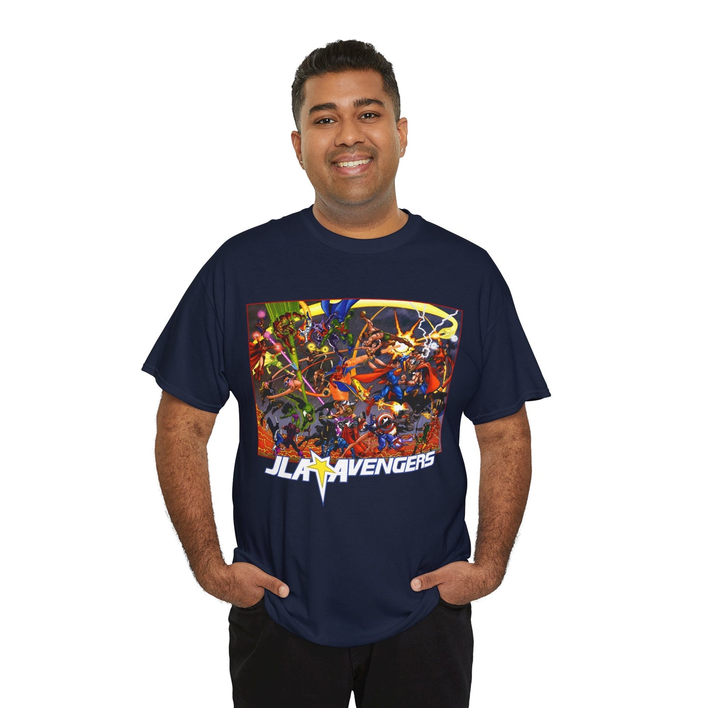 Avengers Vs JLA T-Shirt - Stunning George Perez Art - Marvel & DC Comics Crossover - Thor, Superman, Wonder Woman, Hercules, Iron Man, Batman, Black Canary, Scarlet Witch, Wonder Man, Martian Manhunter