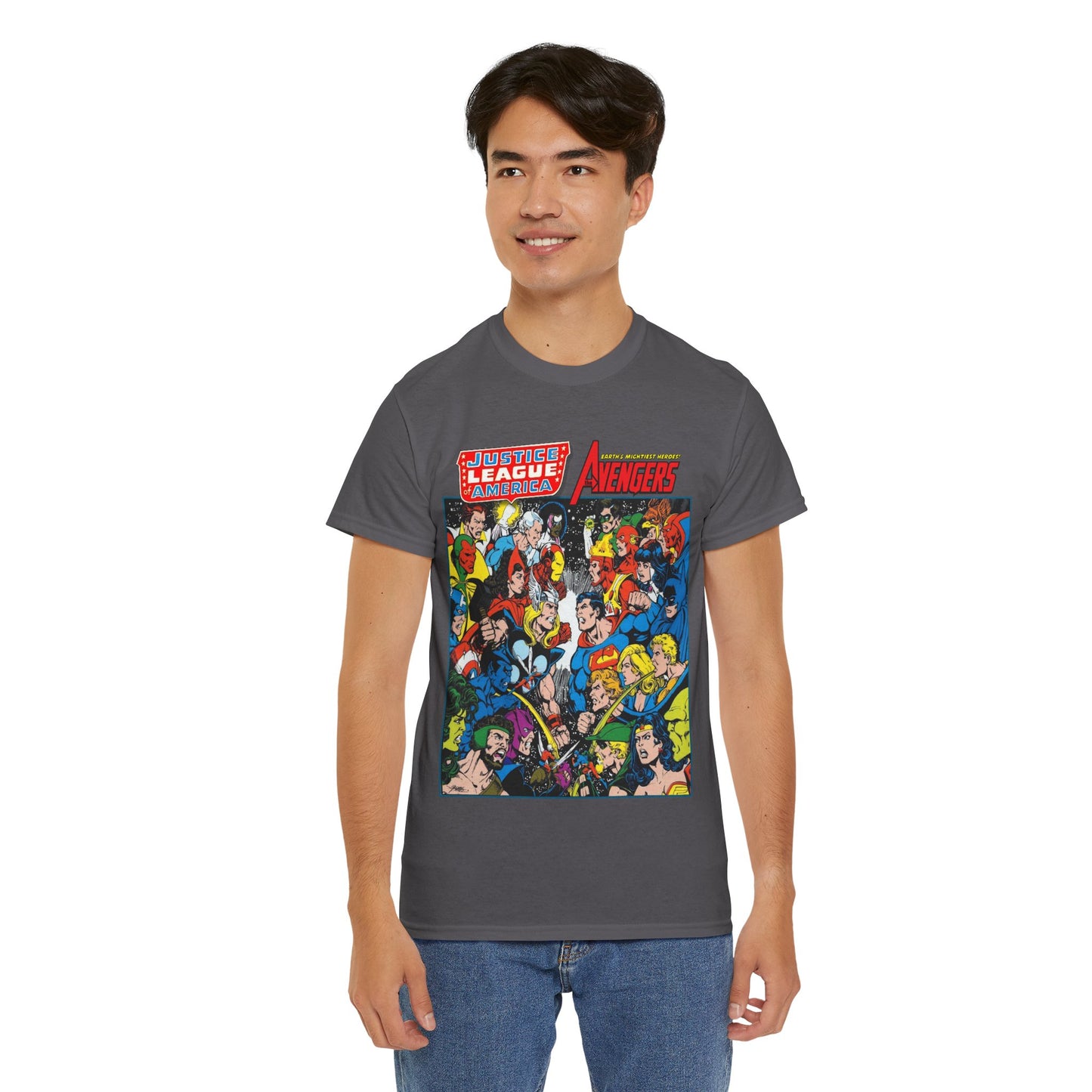 Justice League/Avengers T-Shirt - DC & Marvel Comics Art - George Perez - JLA - Batman, Captain America, Iron Man, Green Lantern