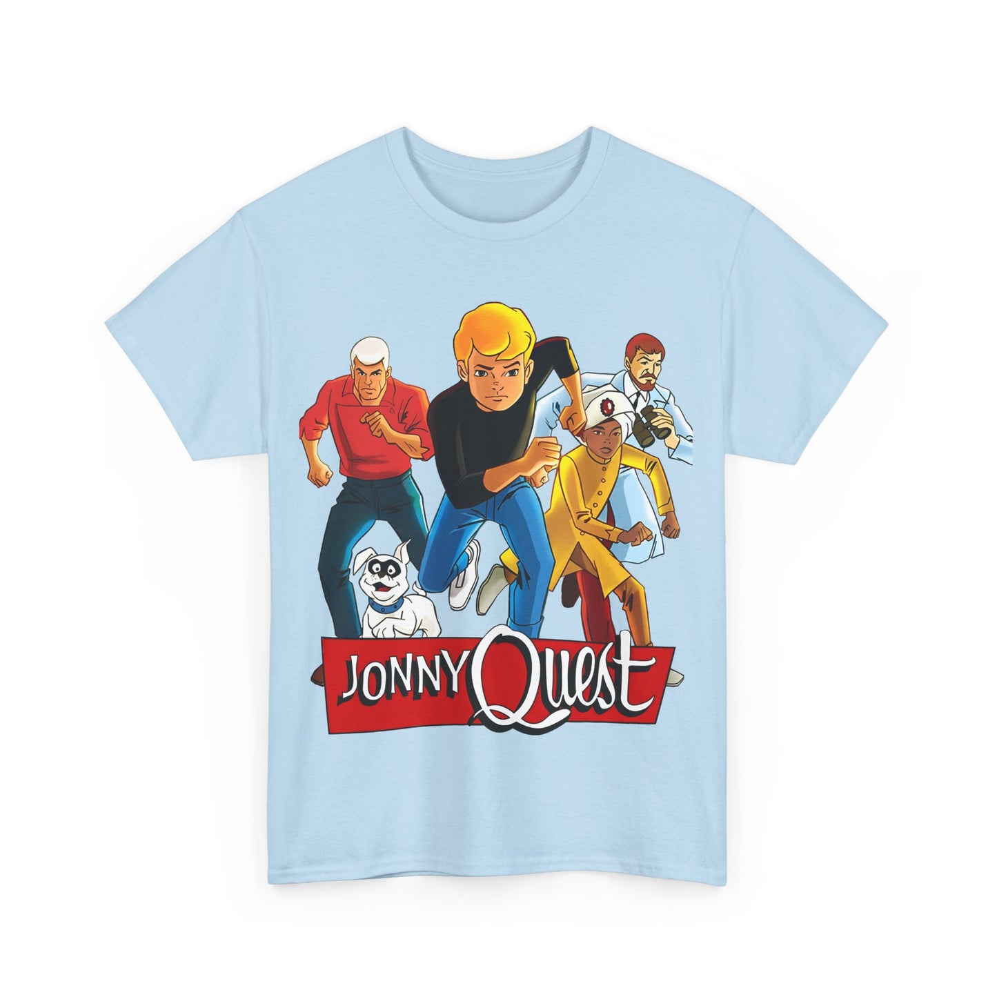 Jonny Quest T-Shirt - Popular Hanna-Barbera Cartoon Characters from the 1960s Adventure TV Show - Dr Benton, Hadji, Race Bannon, Bandit the Dog