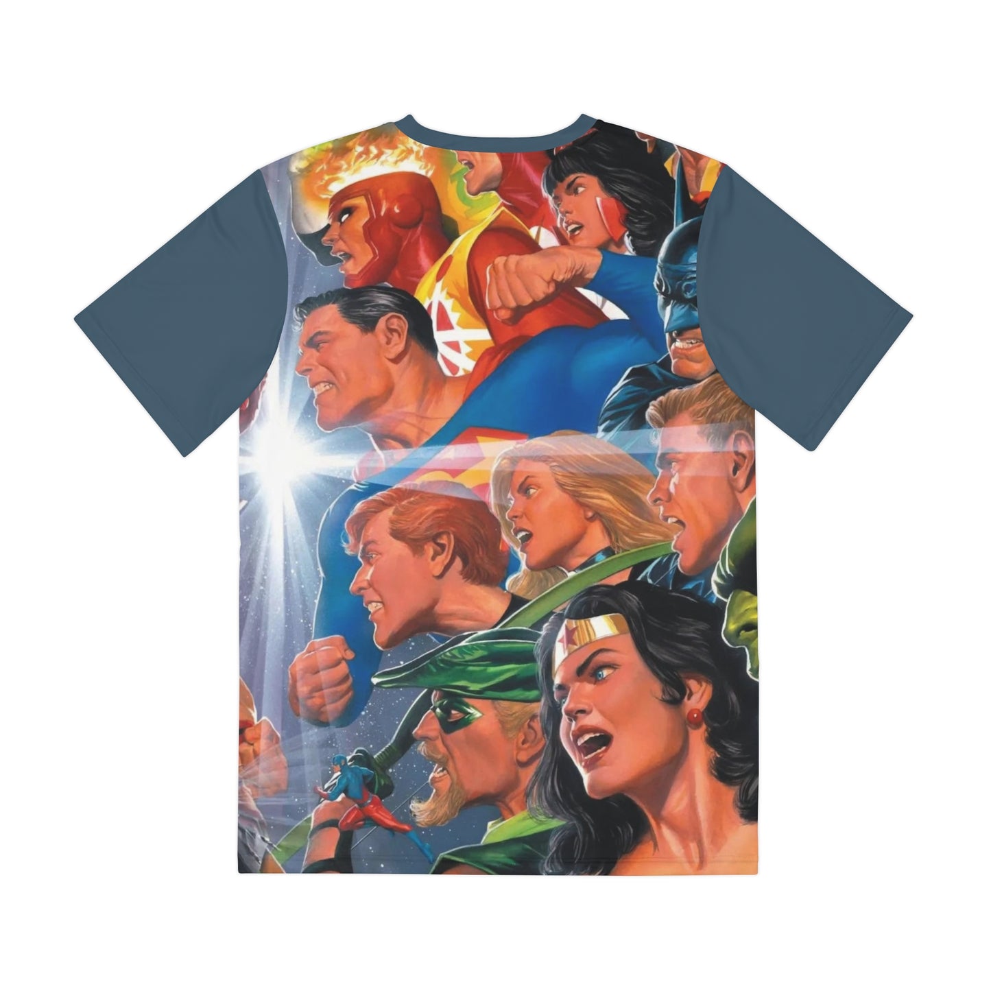 Justice League Vs Avengers All Over Print Tee (Polyester) - Alex Ross Art - (Avengers in Front) (IMPROVED PLACEMENT AND PRINTING TECHNIQUES)