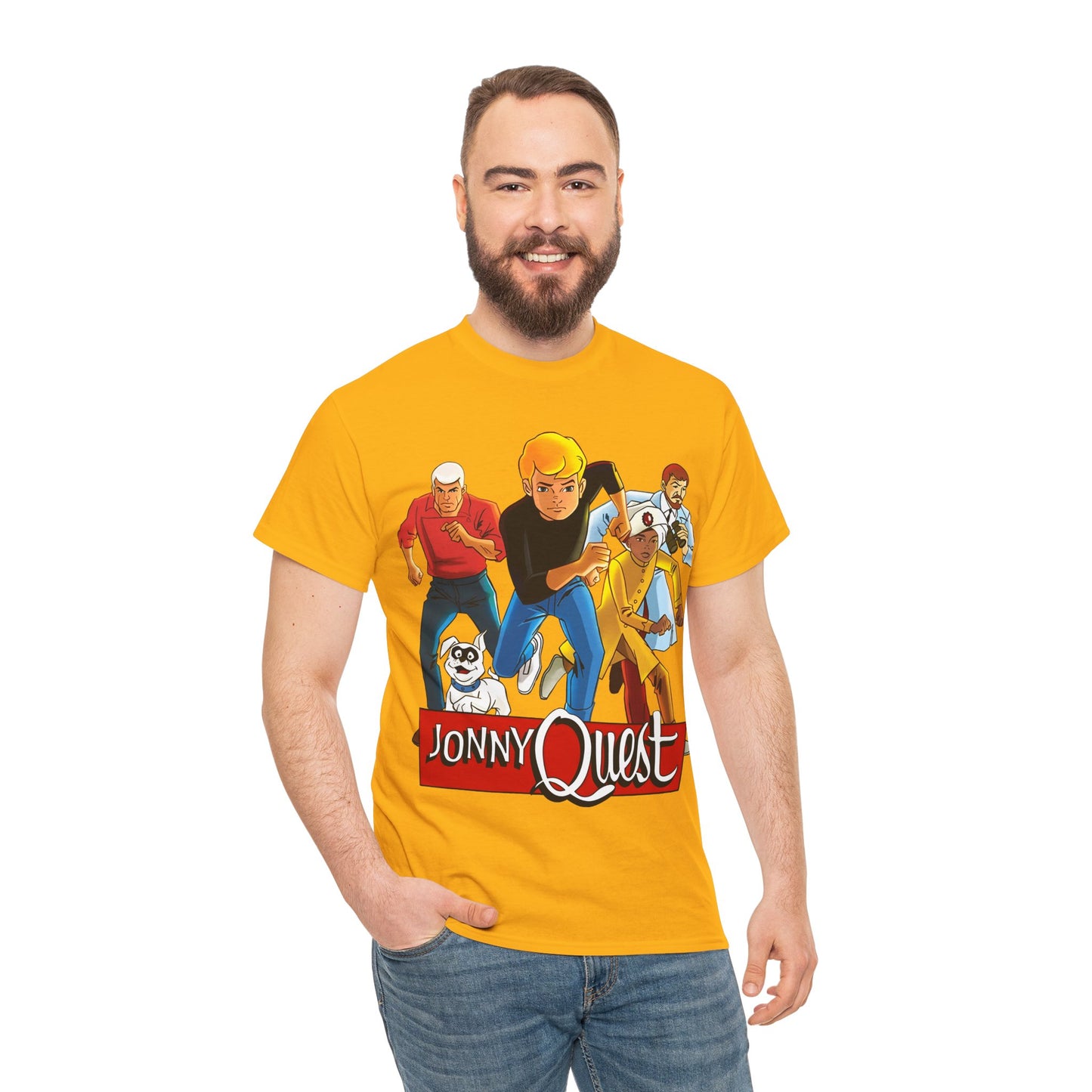 Jonny Quest T-Shirt - Popular Hanna-Barbera Cartoon Characters from the 1960s Adventure TV Show - Dr Benton, Hadji, Race Bannon, Bandit the Dog