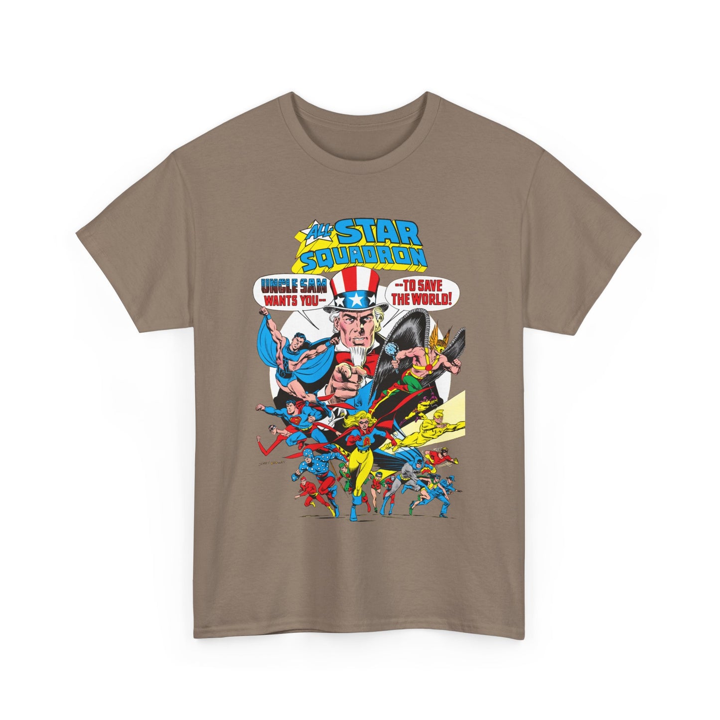 All-Star Squadron T-Shirt - Jerry Ordway Art - Uncle Sam, Hawkman, Superman, Liberty Belle, Black Condor, the Ray, Batman, Plastic Man - JSA Link - DC Comics
