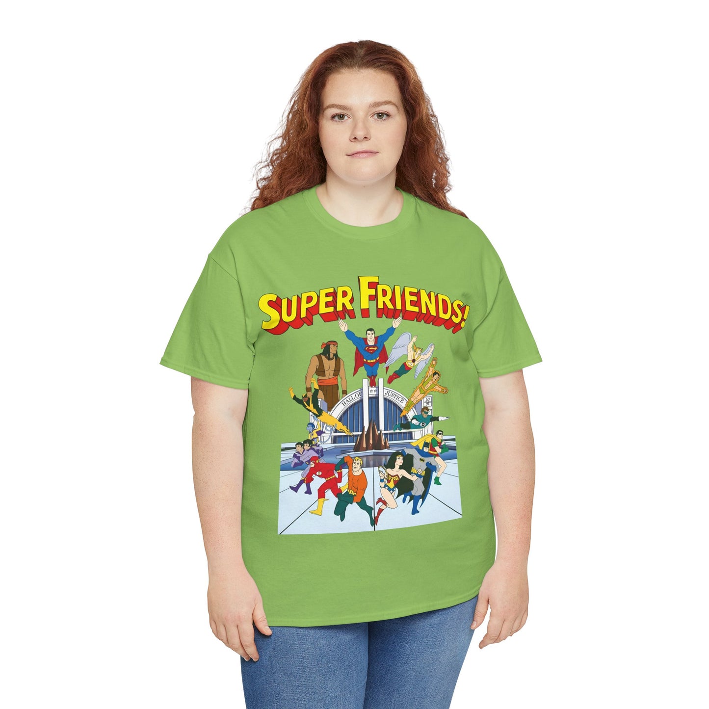 Super Friends T-Shirt - DC Hanna-Barbera - Superman, Wonder Woman, Black Vulcan, Batman, The Wonder Twins, Apache Chief, Hall of Justice