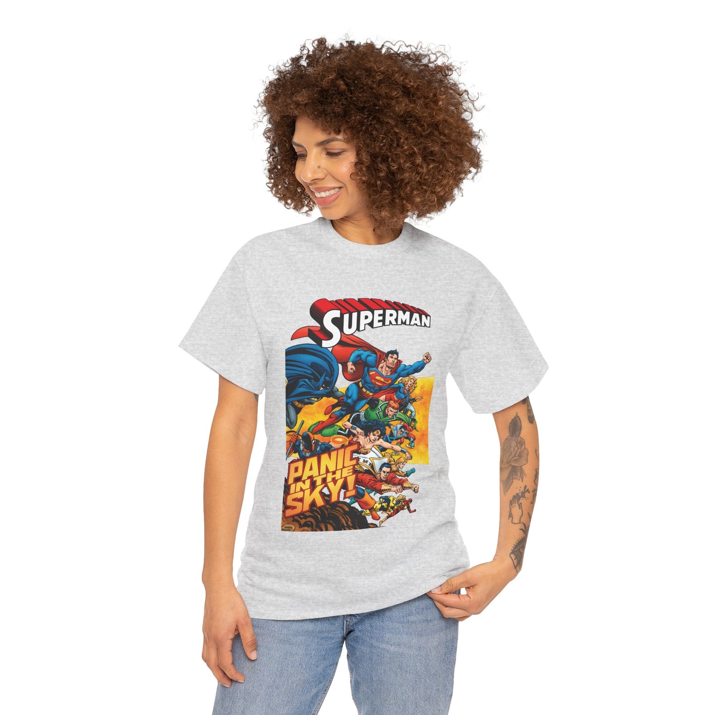 Superman - Panic in the Sky T-Shirt - Dan Jurgens Art - Vs Brainiac & Maxima - Wonder Woman, Booster Gold, Shazam, Batman, Flash, Aquaman, Supergirl - DC Comics