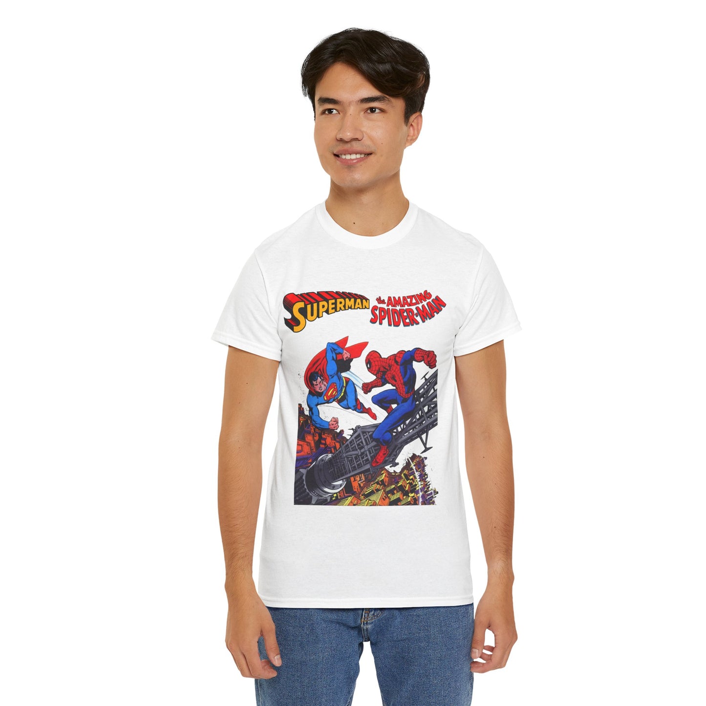 Superman & Amazing Spider-Man T-Shirt - DC/Marvel Comics Crossover - 1970s - Clark Kent & Peter Parker