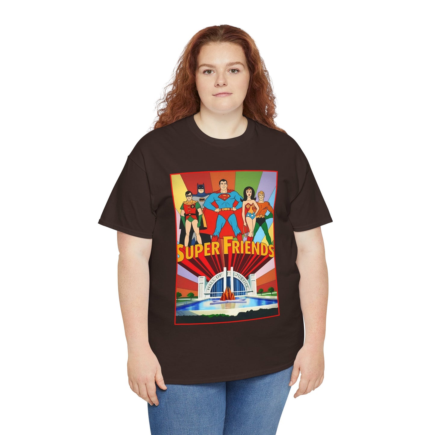 Super Friends T-Shirt - Batman, Superman, Wonder Woman, Robin - Hanna-Barbera Cartoon - DC Comics - Hall of Justice