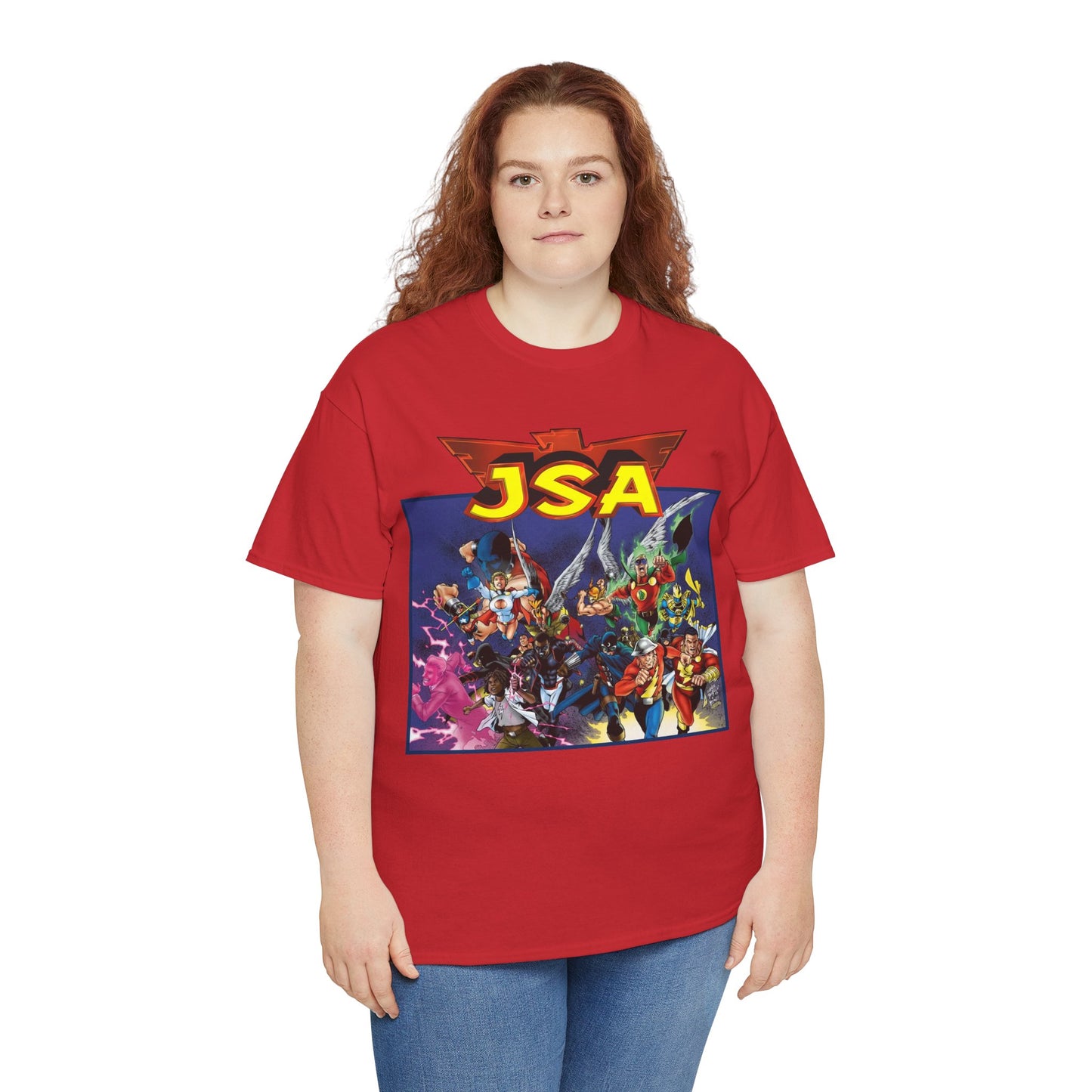 JSA T-Shirt - Carlos Pacheco Art - Green Lantern, Power Girl, Hawkgirl, Black Adam, Flash, Dr Fate, Hawkman - DC Comics - Justice Society of America